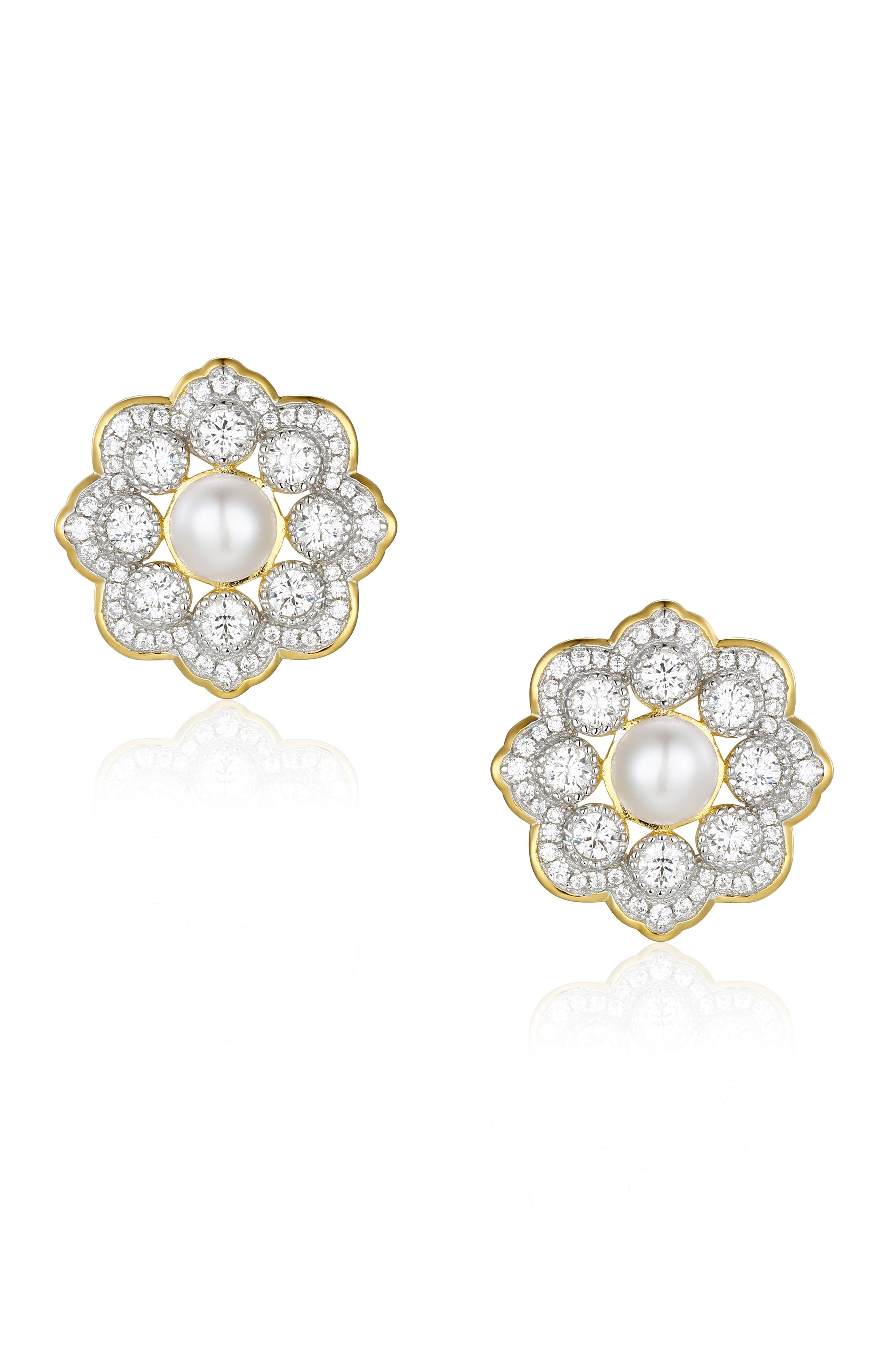 Front view of Santinni Dame earrings showing the silver and gold interlaced design with pearl drop.