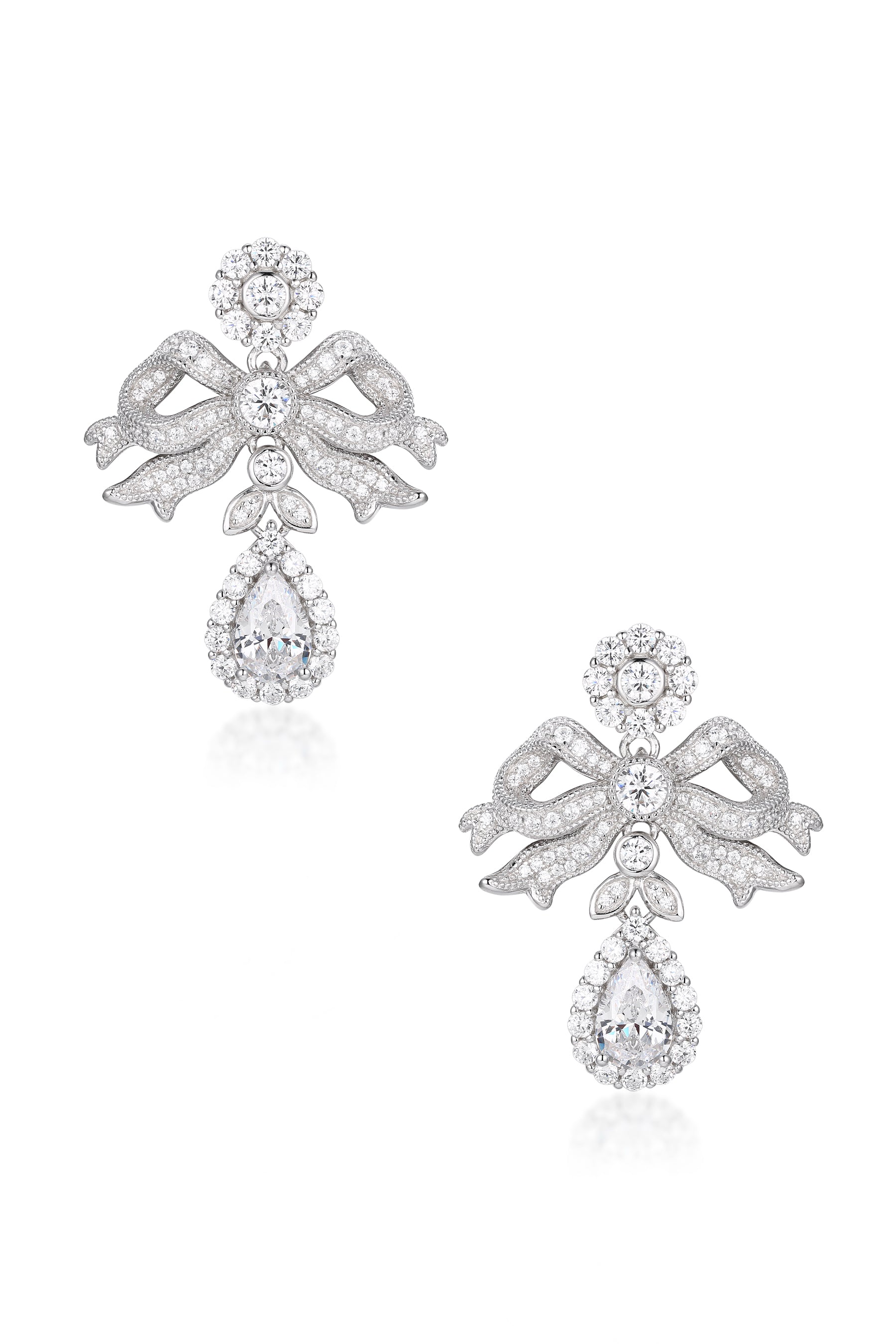 Front view of Elizabeth bow earrings with shimmering pavé crystals and pear drops.