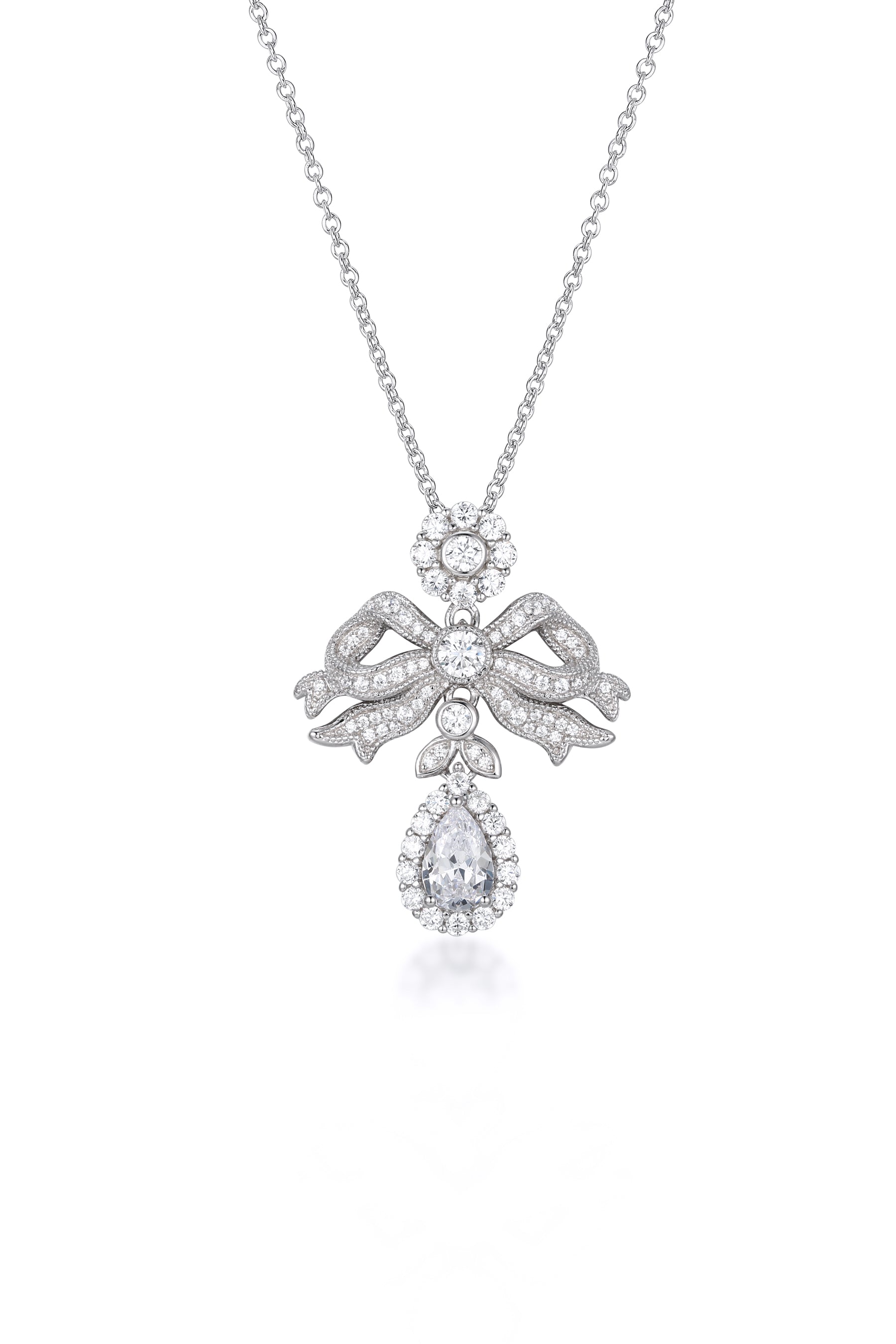 Front view of the Elizabeth necklace featuring the silver bow and pear-cut crystal pendant.