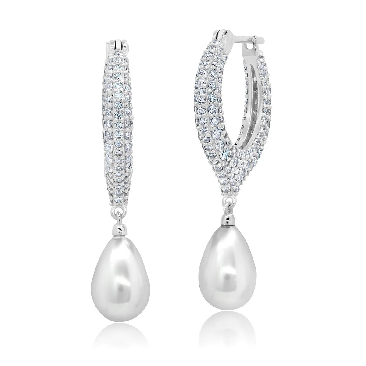 Silver-toned pavé-set oval hoop earrings with white teardrop pearl drops.