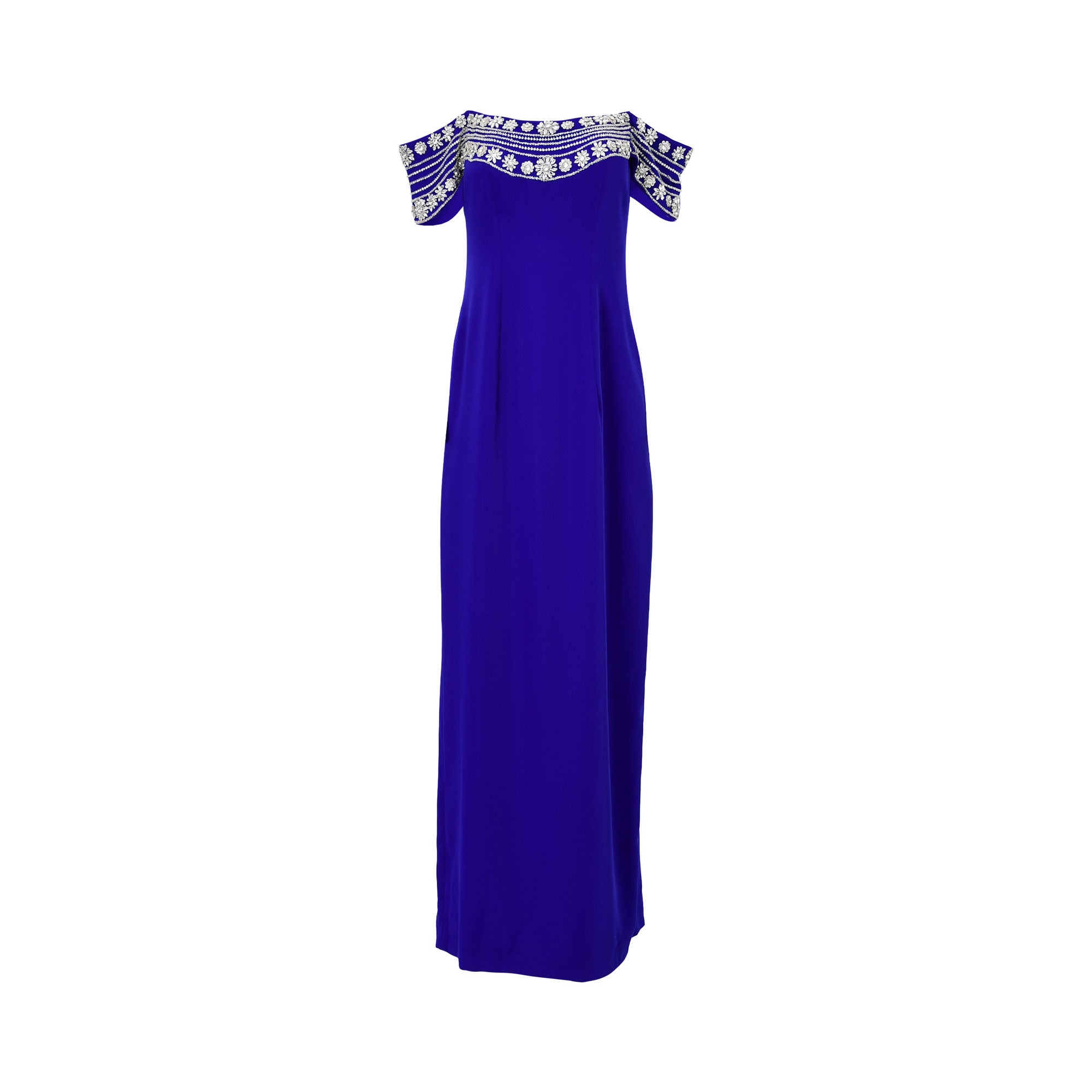 Front view oyal blue off-shoulder maxi dress with silver embroidered neckline and short sleeves, floor-length elegant evening gown for women.