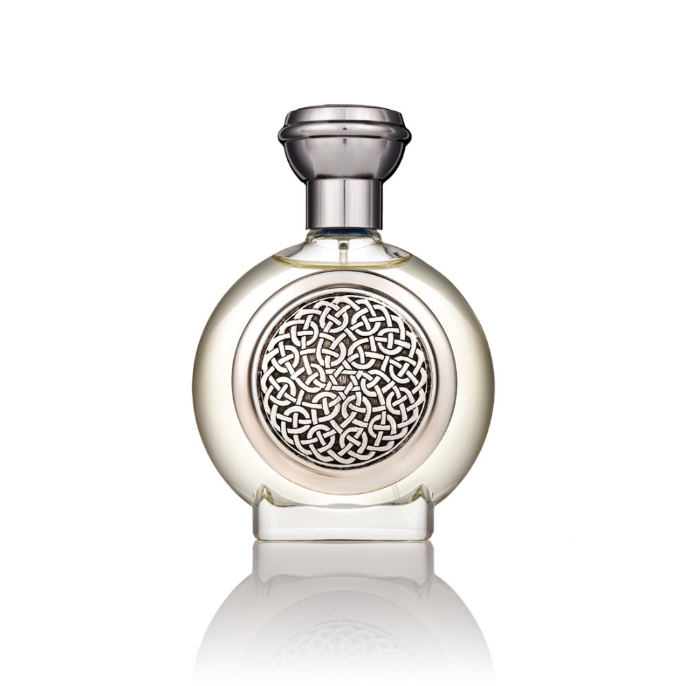 Boadicea The Victorious Imperial EDP perfume bottle with clear glass, light amber liquid, silver-toned cap, and Celtic knot m
