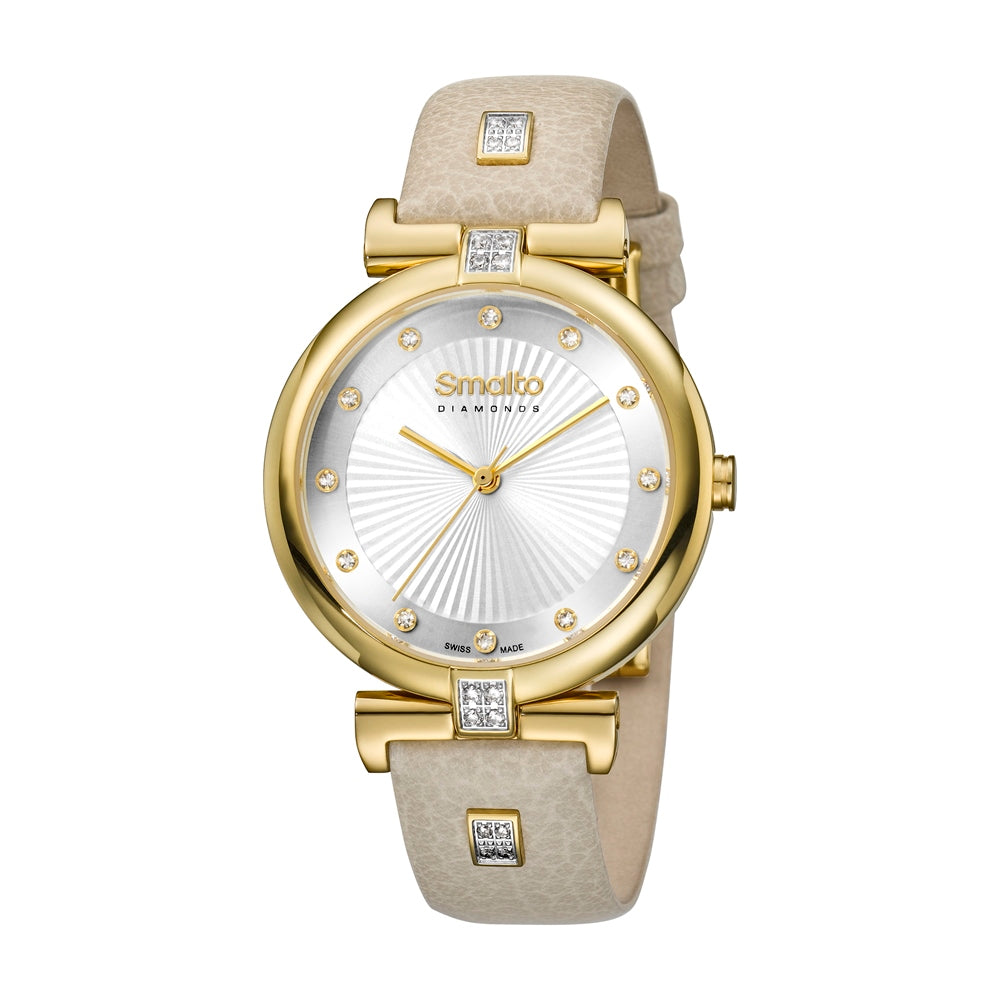 Smalto Ladies Stainless Steel Watch Mop Dial With Light Beige Leather Strap & Diamond - Blue Salon