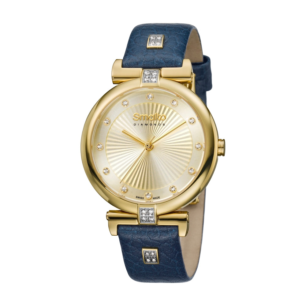 Smalto Ladies Stainless Steel Watch With Blue Leather Strap & Diamond - Blue Salon