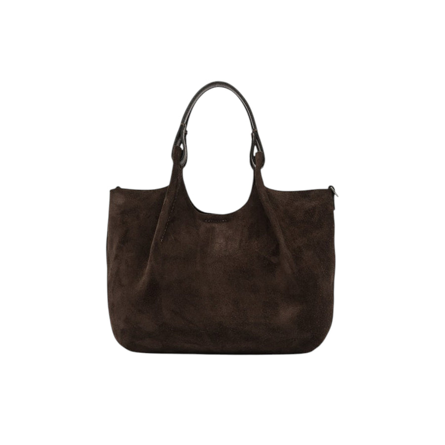 Dark brown suede handbag with a slouchy shape and two dark brown handles. A zipper pull is visible on the right.