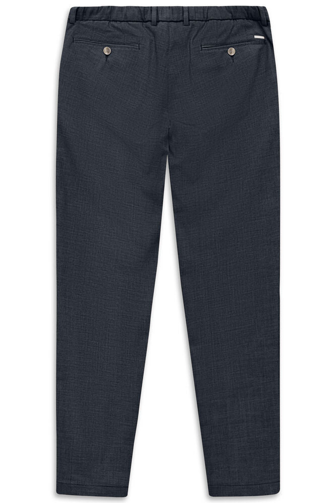 Navy blue casual trousers with a textured weave, elasticated back waistband, belt loops, and two back welt pockets with beige