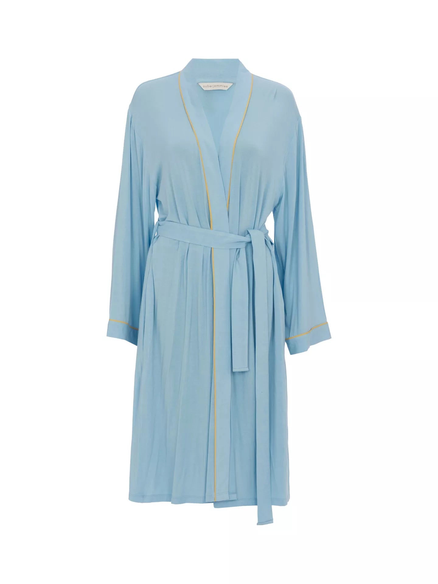 Light blue jersey short dressing gown with long sleeves, a self-tie belt, and gold-toned piping on the lapels and sleeve cuff