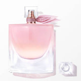 Lancome La Vie Est Belle Eau de Parfum bottle with light pink liquid, rose-gold toned sprayer, and pink glittery petal embell