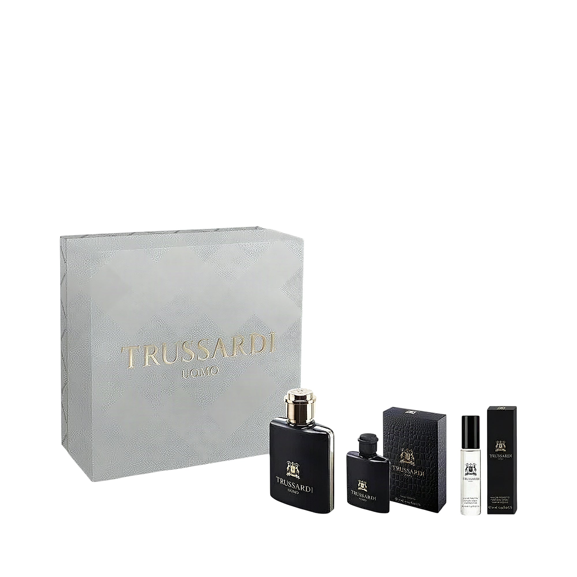 TRUSSARDI Uomo fragrance gift set with a light grey patterned box, black bottles with gold-toned caps, and a clear vial.