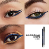 Two dark blue eyeliner pencils. One is uncapped with a pointed tip, the other is capped with a gold-toned YSL logo.