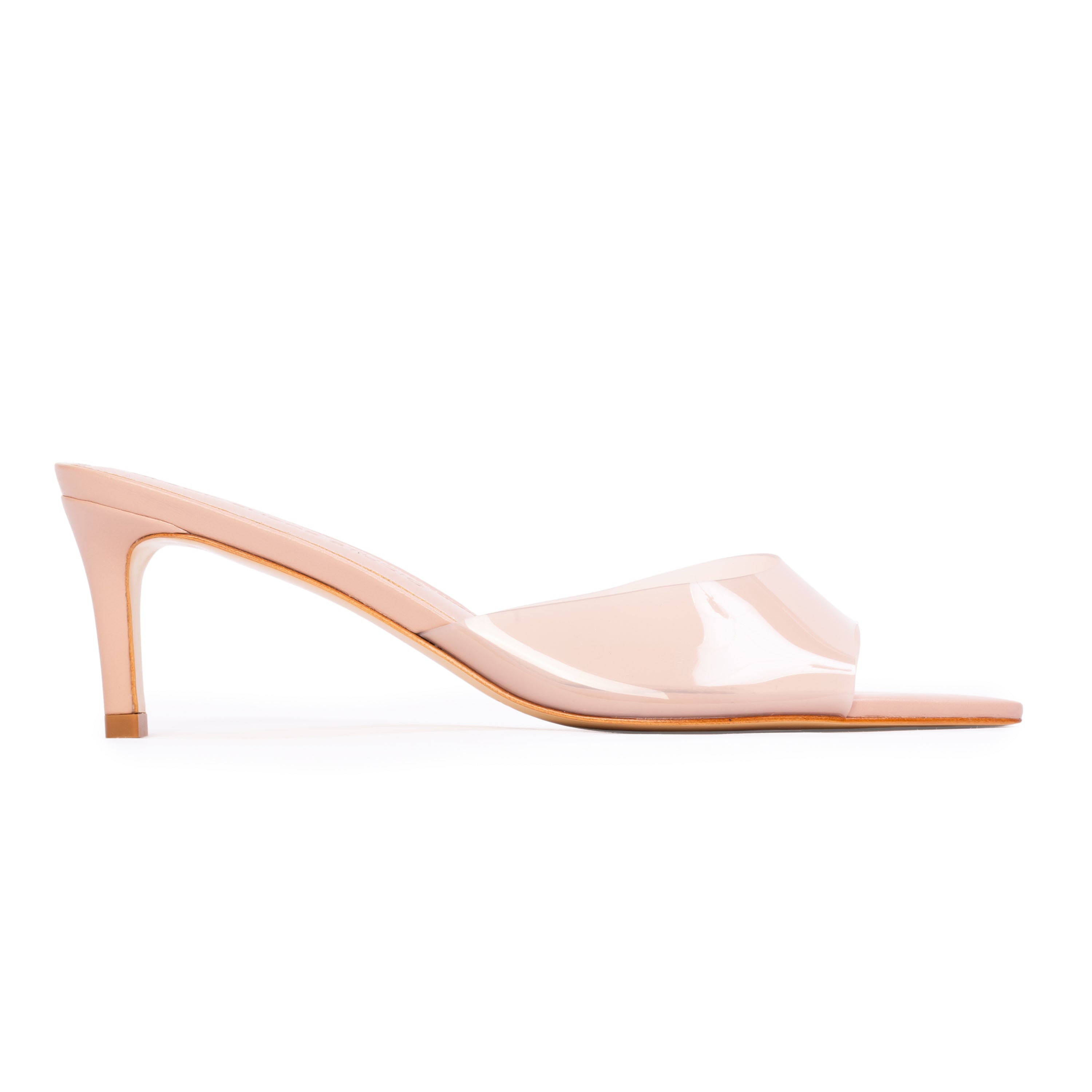 Old rose high-heeled slipper mule with a square toe, slender stiletto heel, and a transparent PVC wide upper strap.
