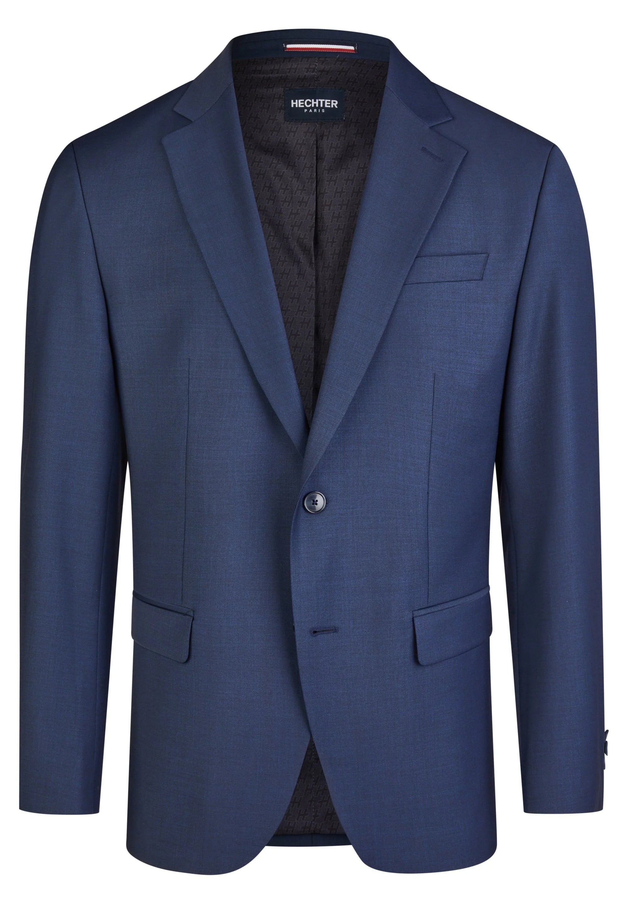 Navy blue single-breasted blazer with notched lapels, two-button closure, one chest pocket, two flap pockets, and four cuff b