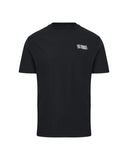 Black short-sleeve crewneck t-shirt with a white, stacked 'KARL LAGERFELD' logo on the left chest.