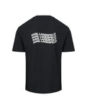 Black crewneck t-shirt with short sleeves. The back features four stacked, wavy white 'KARL LAGERFELD' logos.
