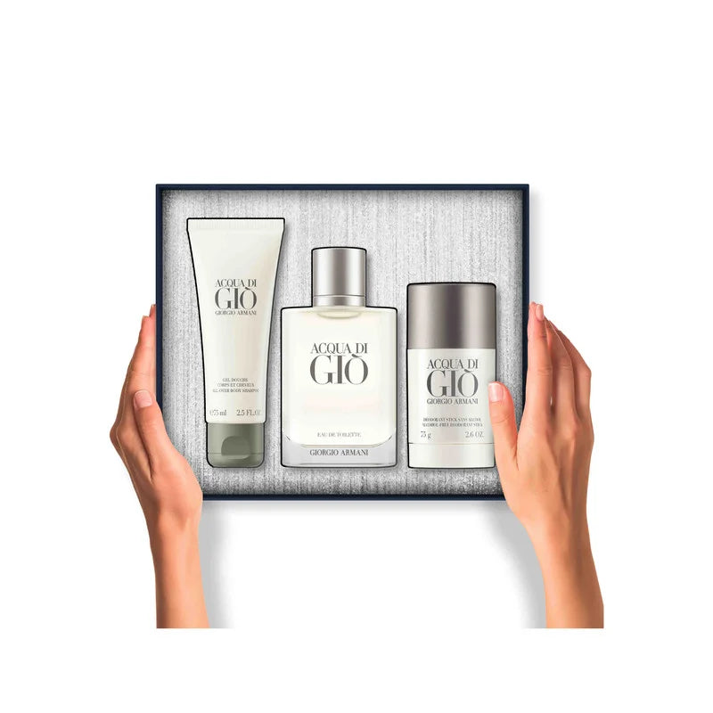 Giorgio Armani Acqua Di Gio men's fragrance gift set with clear Eau de Toilette, white shower gel, and grey deodorant.