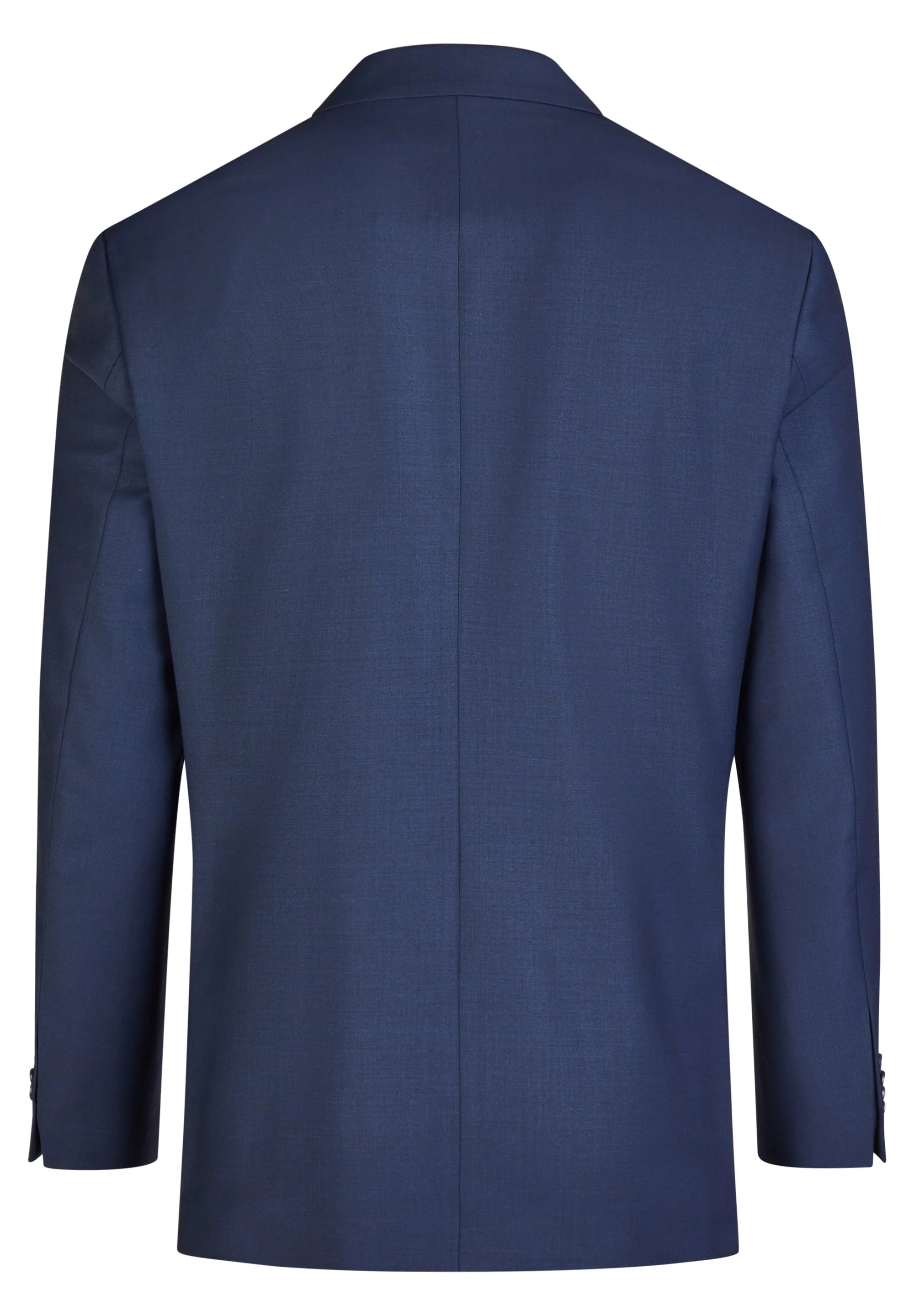 Navy blue textured formal jacket, back view, with a center seam, long sleeves, and three dark buttons on the left cuff, two o
