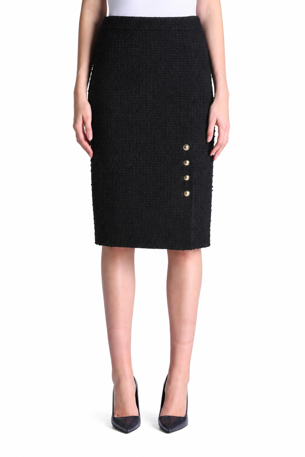 Black textured pencil skirt with a knee-length hem and four decorative round gold-toned buttons on the left side.