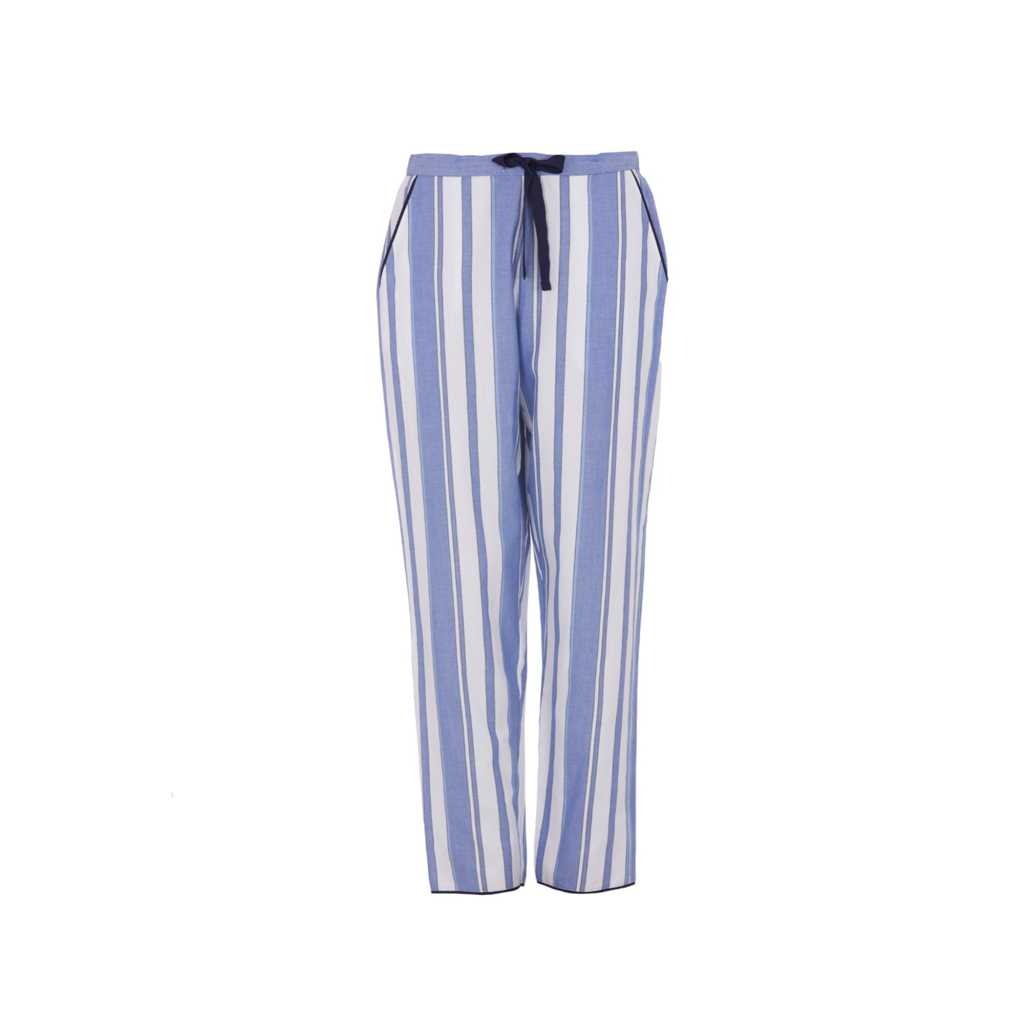 Blue and white vertically striped pyjama bottoms with a dark blue drawstring waist and side pockets.