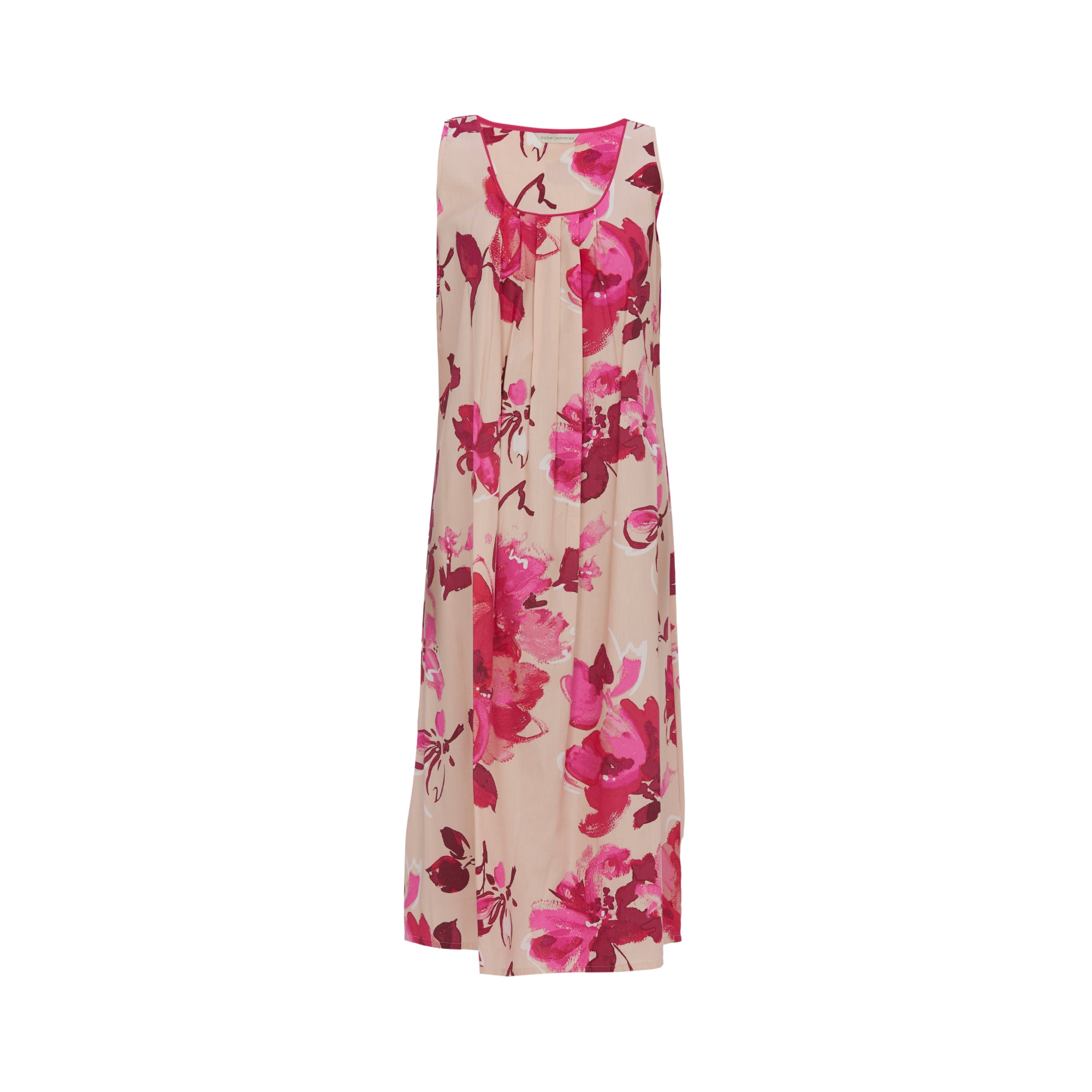 Beige sleeveless long nightdress with fuchsia trim scoop neck and front pleats, featuring an all-over pink and fuchsia floral
