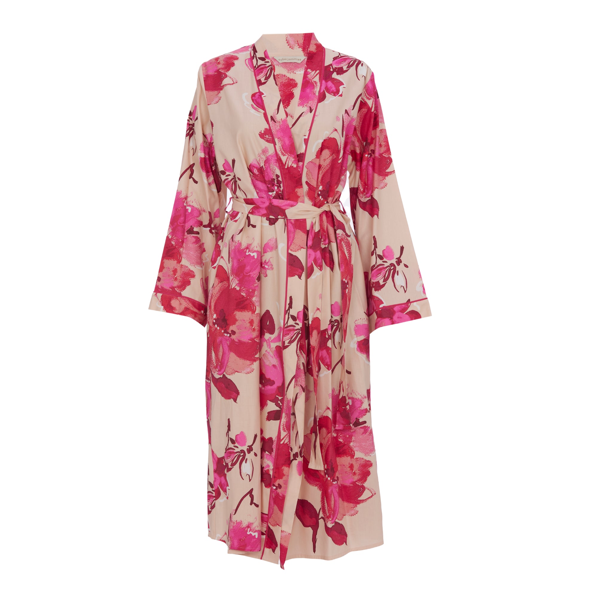 Pink floral print long dressing gown with long sleeves and a matching self-tie waist belt.