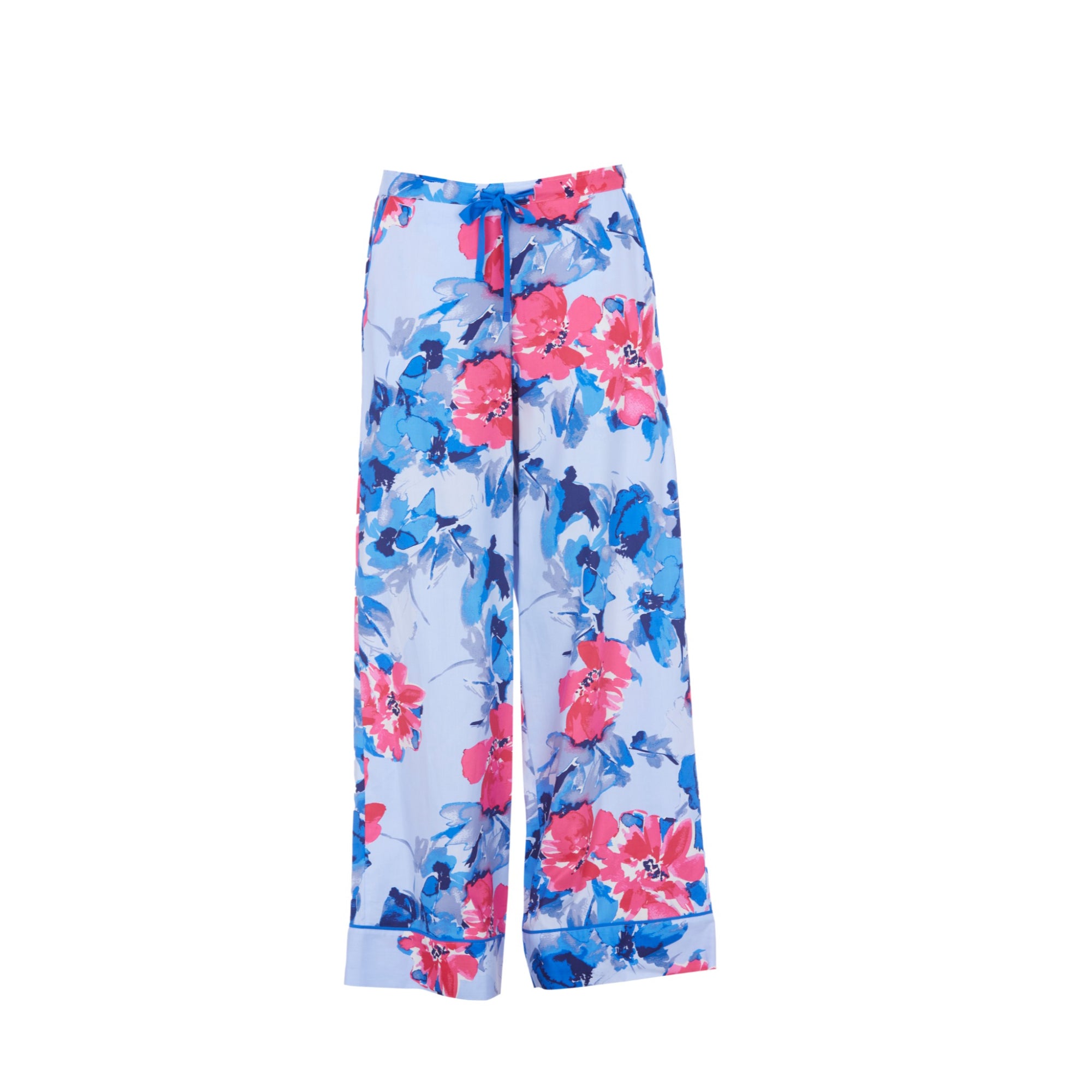Light blue wide-leg pyjama bottoms with blue and pink floral print, elasticated waist with blue drawstring, and cuffed hems w