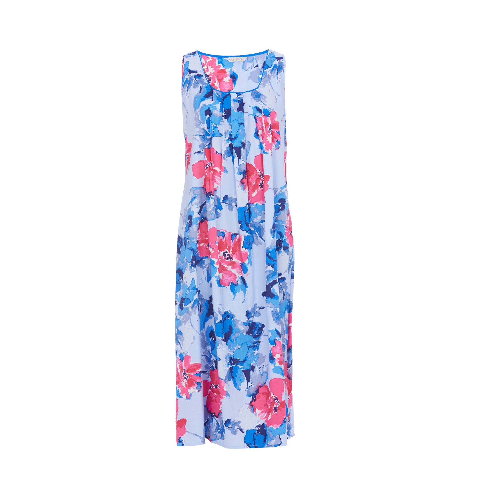 Sleeveless long nightdress with a light blue base and vibrant pink and blue floral print, featuring pleats at the scoop neckl