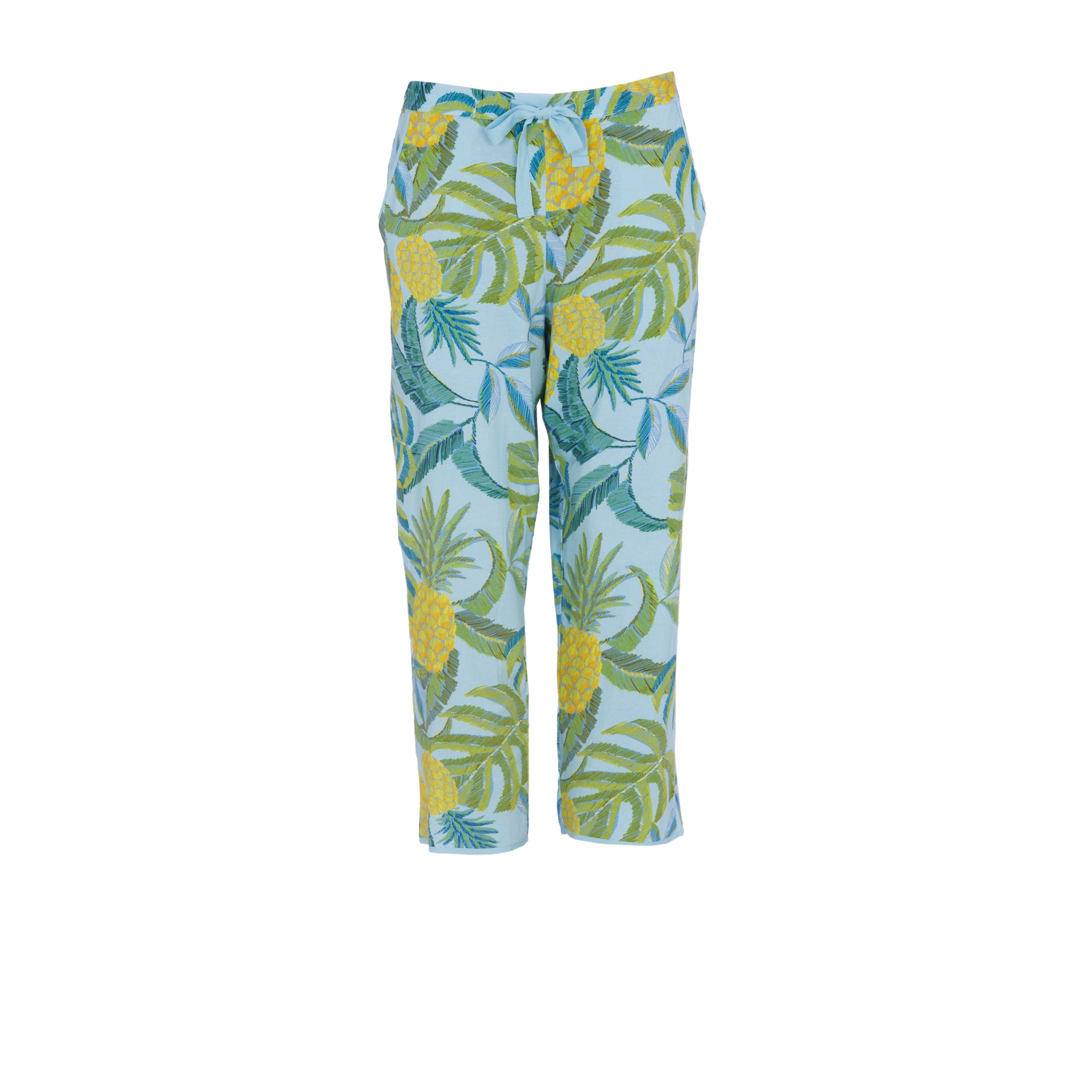 Blue jersey cropped pyjama bottoms with yellow pineapple and green tropical leaf print. Features an elasticated drawstring wa