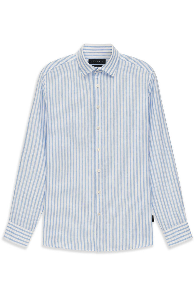 Light blue and white striped long-sleeved casual shirt with a classic collar and buttoned cuffs, laid flat.