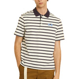 Off-white and navy striped men's polo shirt with a navy collar, two-button placket, and light blue embroidered logo.