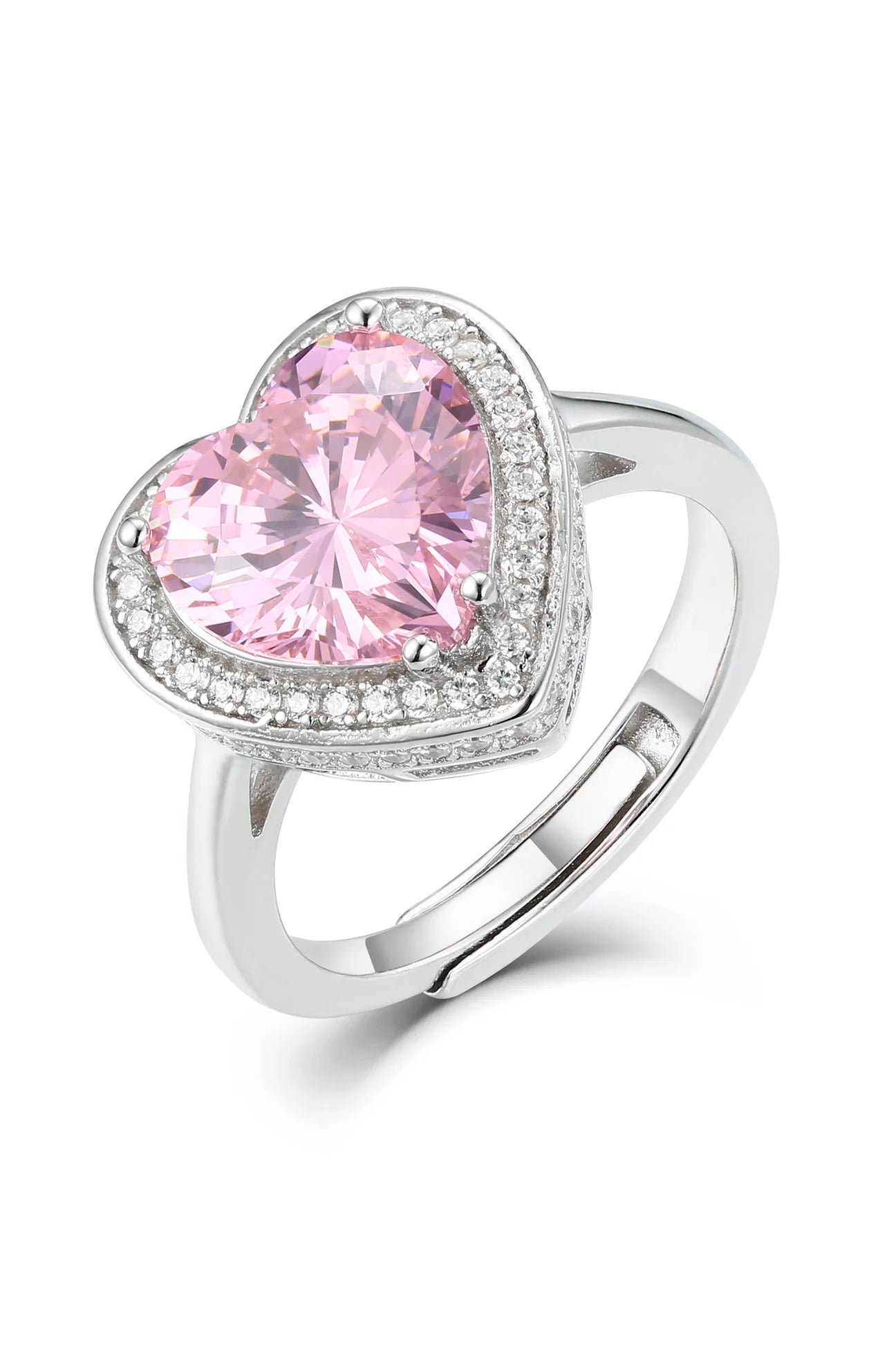 Silver-toned adjustable ring featuring a large pink heart-shaped faceted stone surrounded by a halo of small clear faceted st