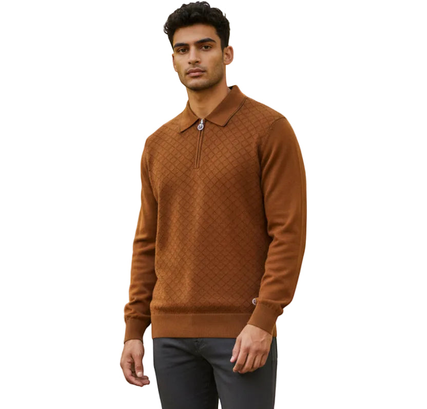 Light orange knit polo sweater with a collared neckline, quarter-zip, and diamond pattern