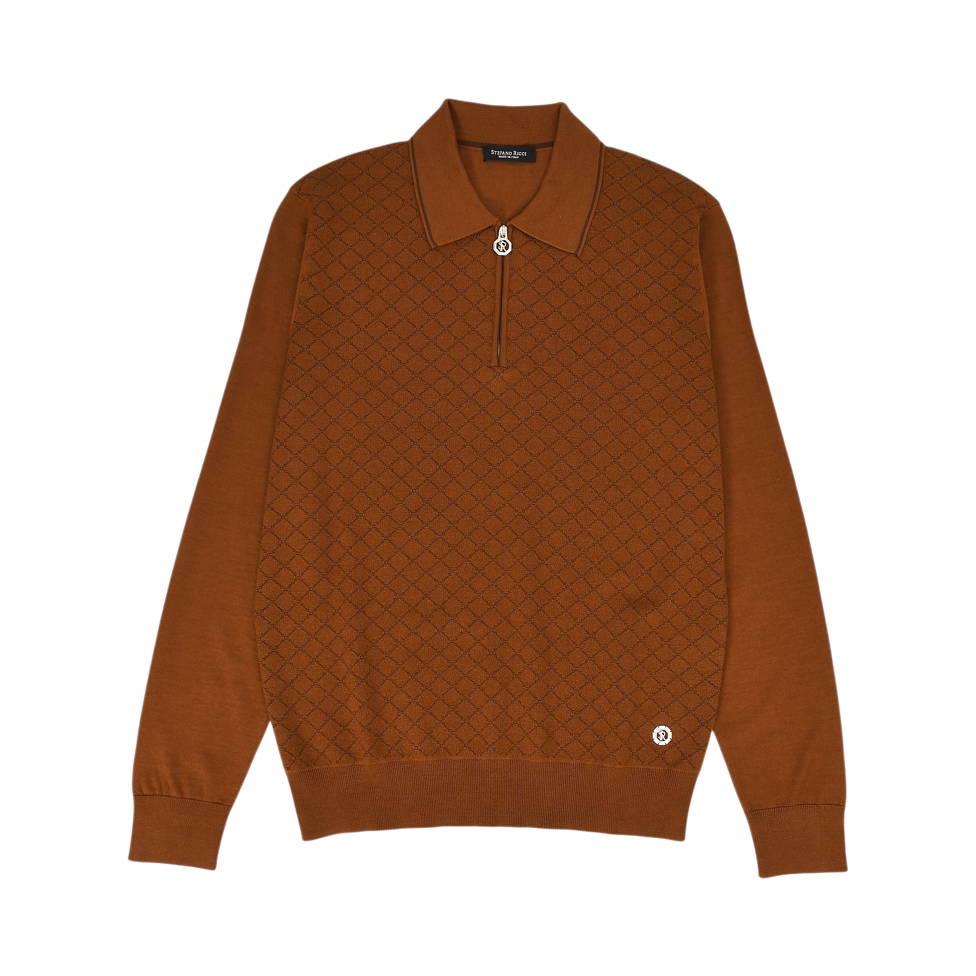 Burnt orange knit polo sweater. Diamond pattern on body. Collared, quarter-zip with silver-toned logo pull, and silver-toned