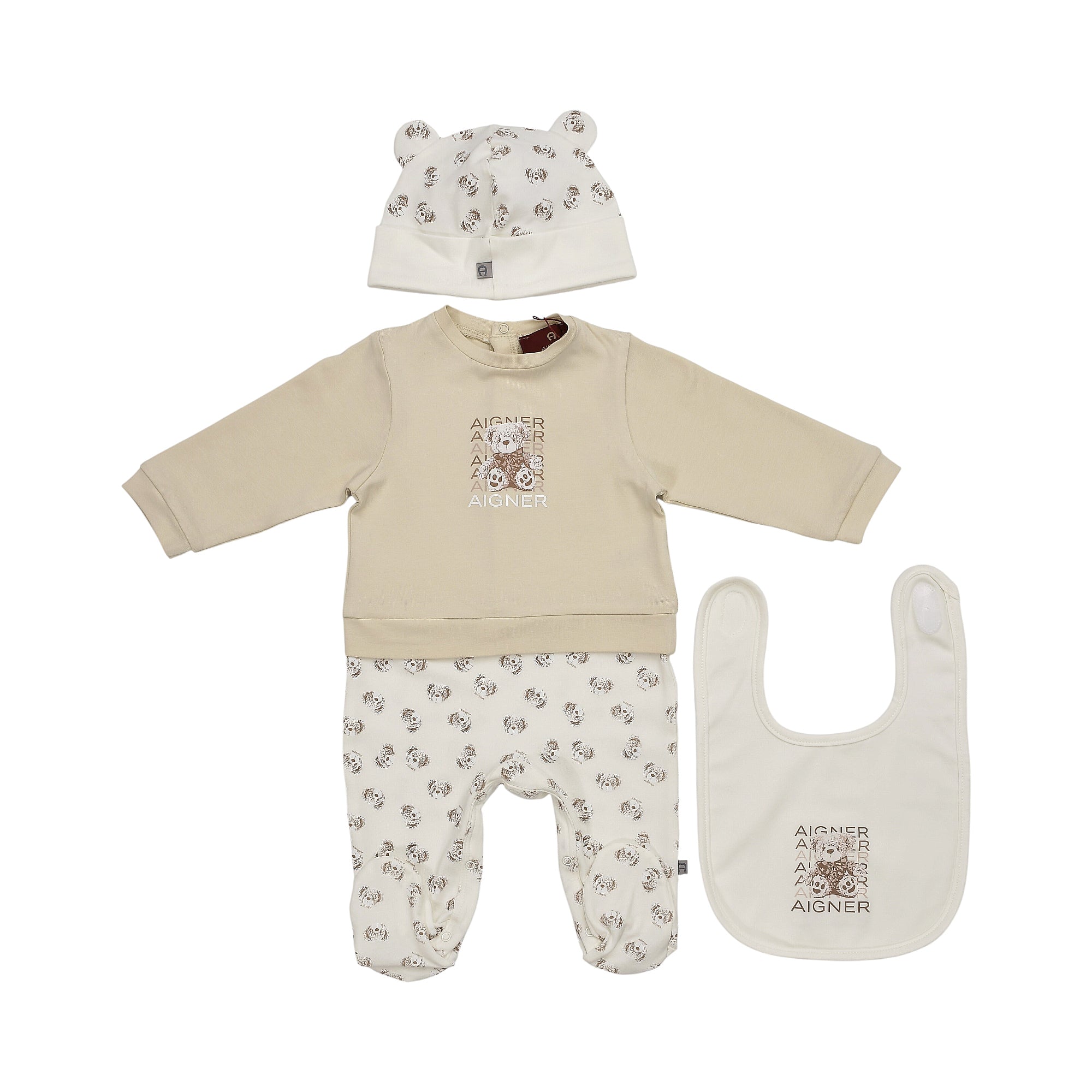 Beige Aigner Kids three-piece infant sleepsuit set, including a long-sleeved top, footed trousers, a hat with ears, and a bib