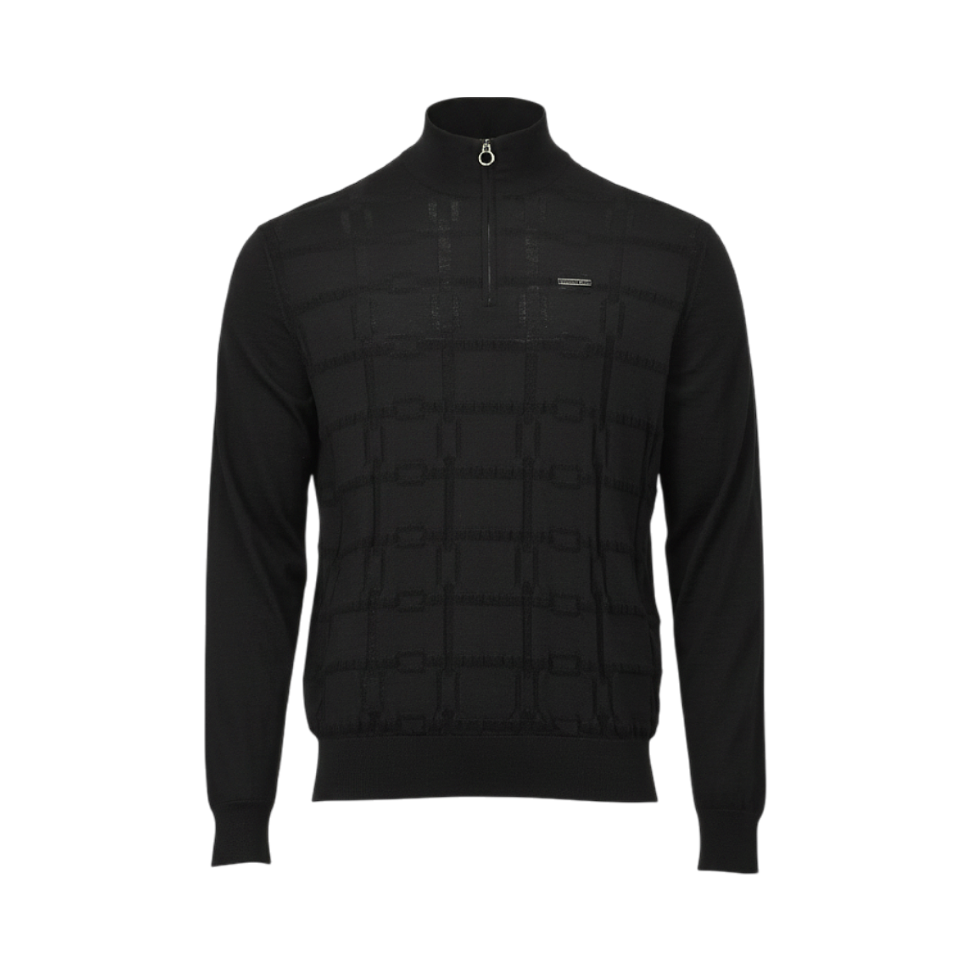 Black men's knit sweater with a high funnel neck, quarter-zip closure, and textured geometric pattern.