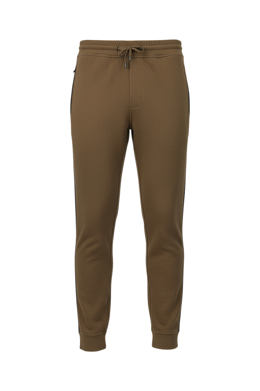 Brown textured knit joggers with an elastic drawstring waist, a black zipper pocket on the left, and ribbed ankle cuffs.