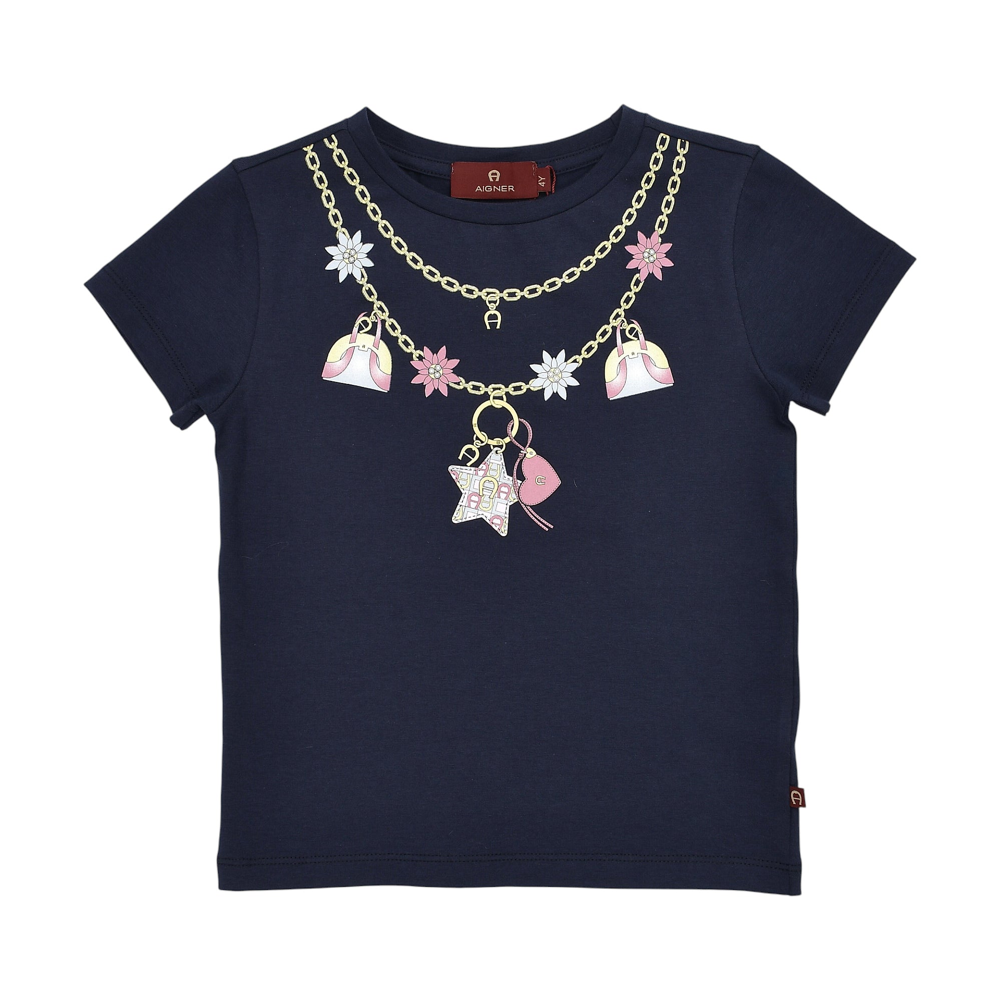 Navy blue short-sleeved T-shirt for girls with a printed necklace design featuring gold-toned chains, pink flowers, and charm