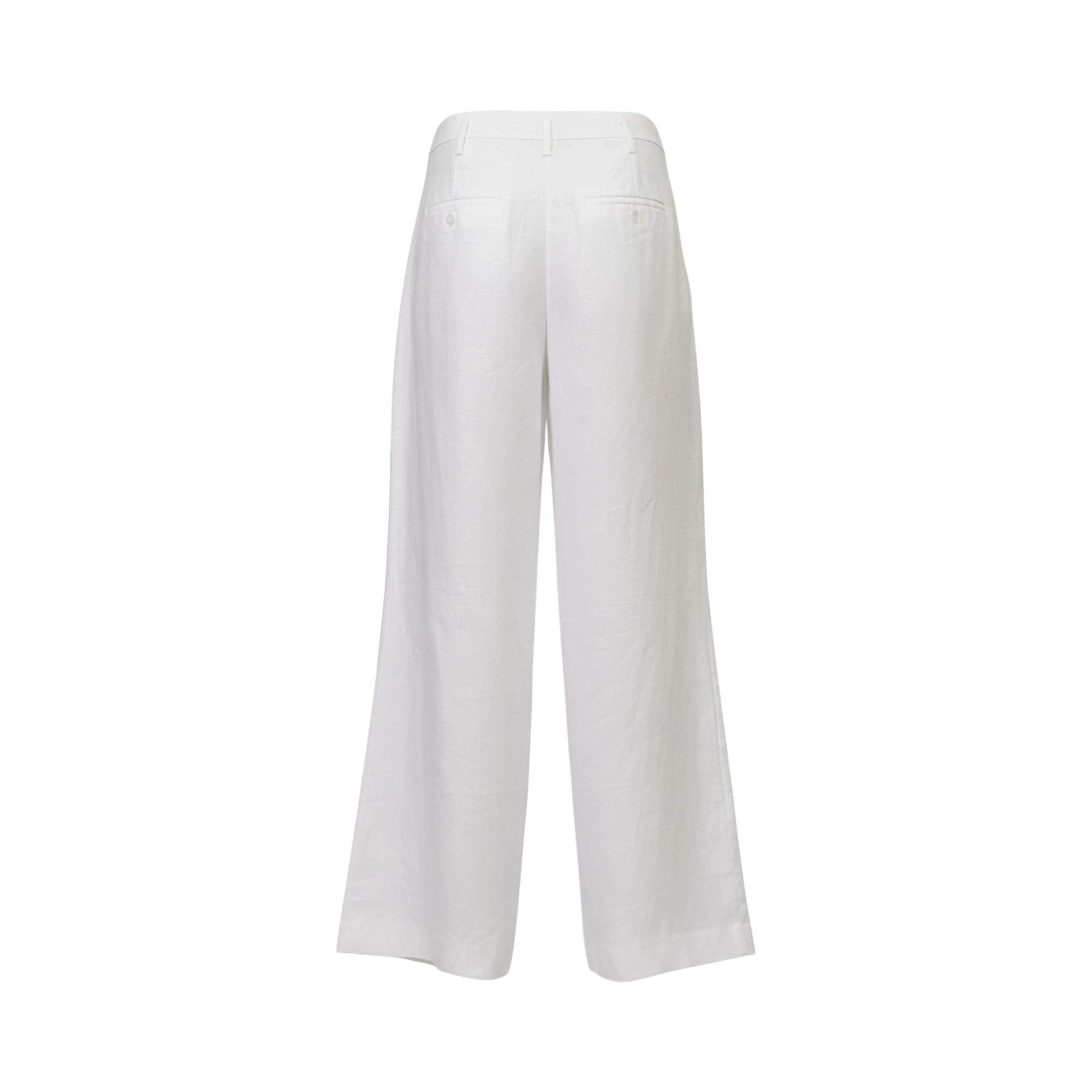 White wide-leg trousers with textured fabric, two back button pockets, and belt loops.