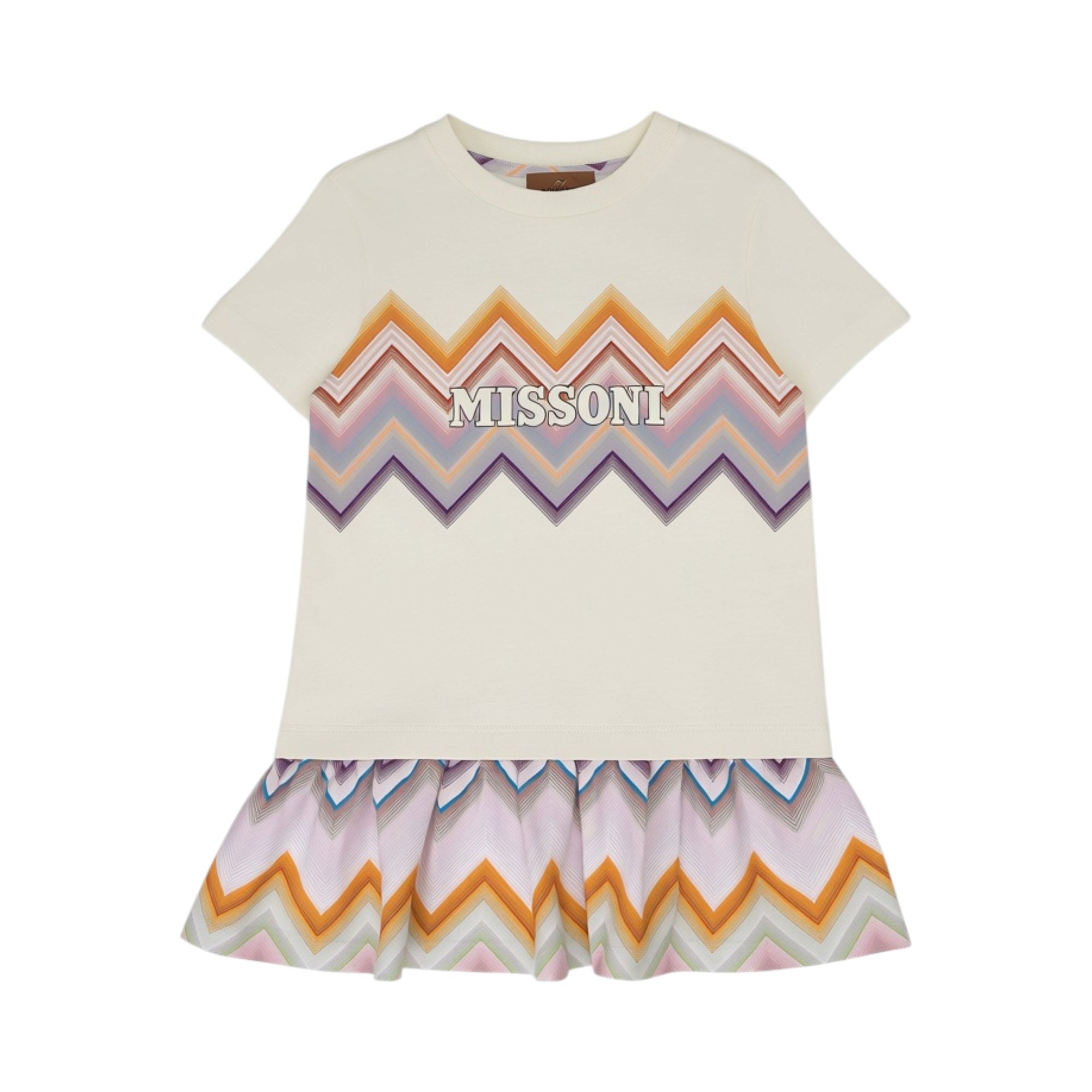 White short-sleeved Missoni Kids dress with a multi-coloured chevron pattern and ruffled skirt.