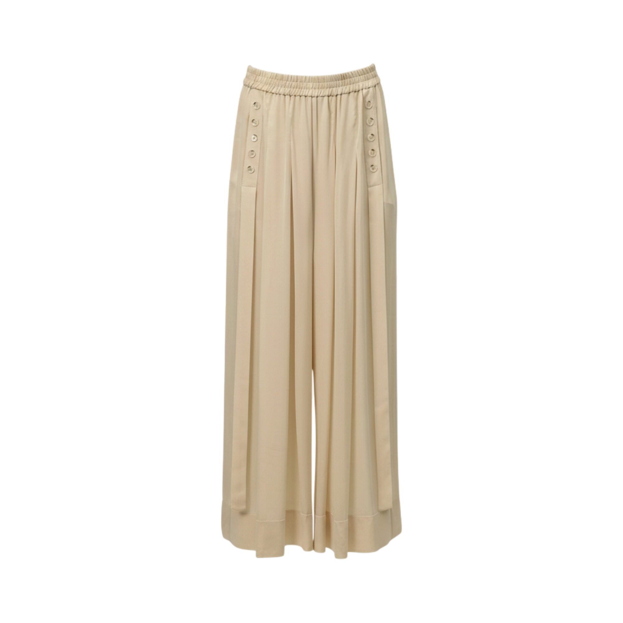 Beige wide-leg trousers with an elasticated waistband, front pleats, and decorative buttons on side tabs.