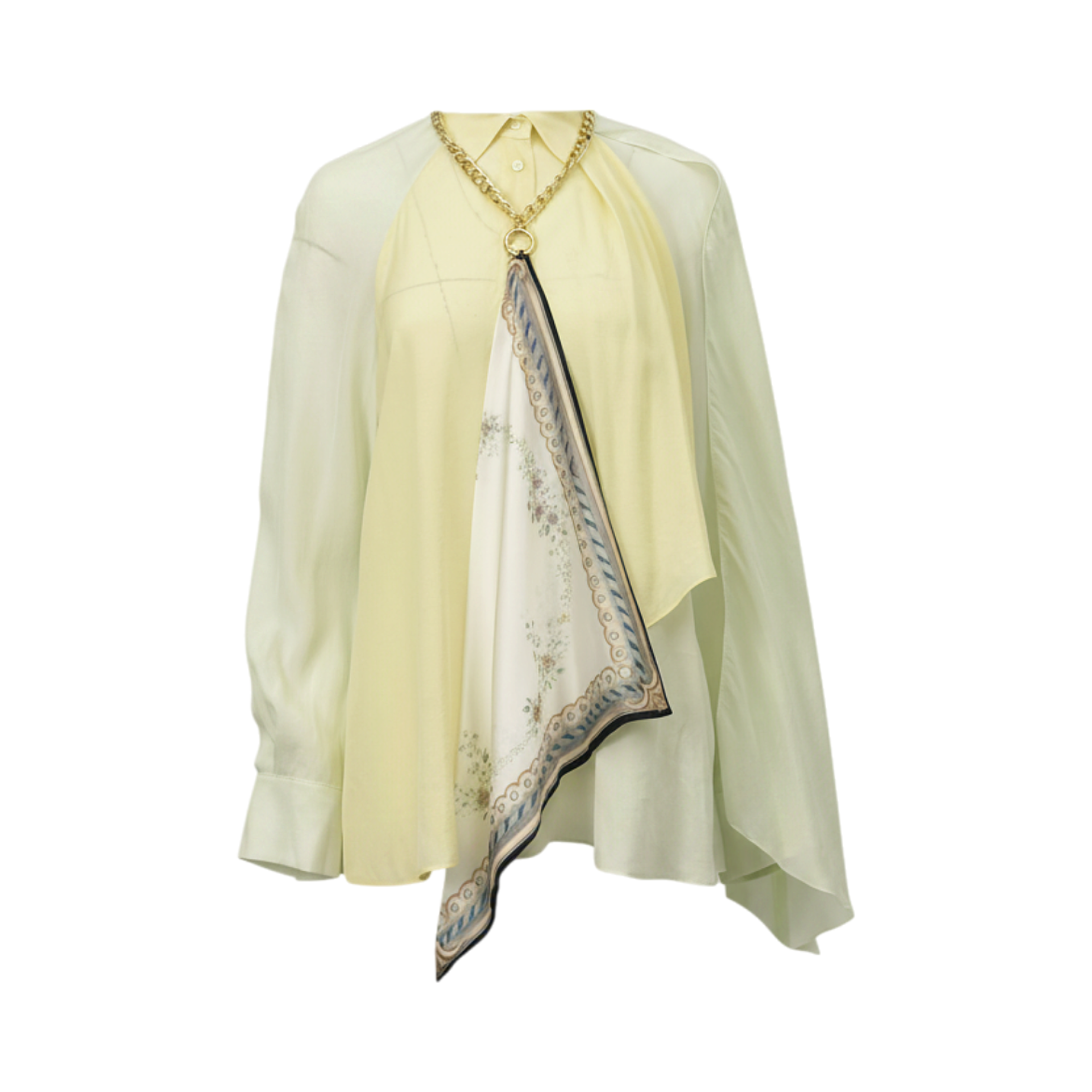 Mint green asymmetrical blouse with pale yellow overlay, gold-toned chain, and a white floral printed scarf panel.