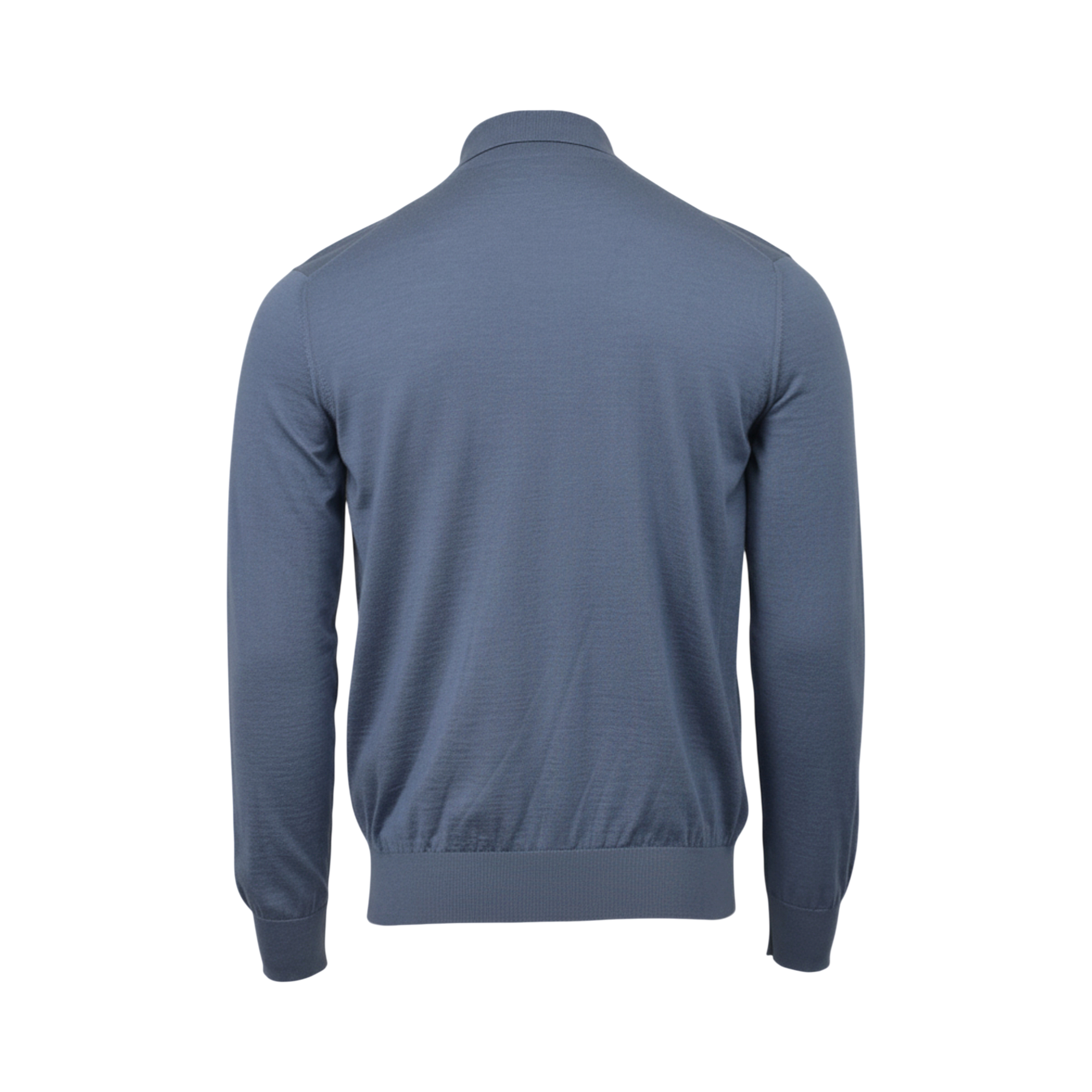Light blue polo sweater with long sleeves, subtle textured knit, ribbed cuffs, and hem.