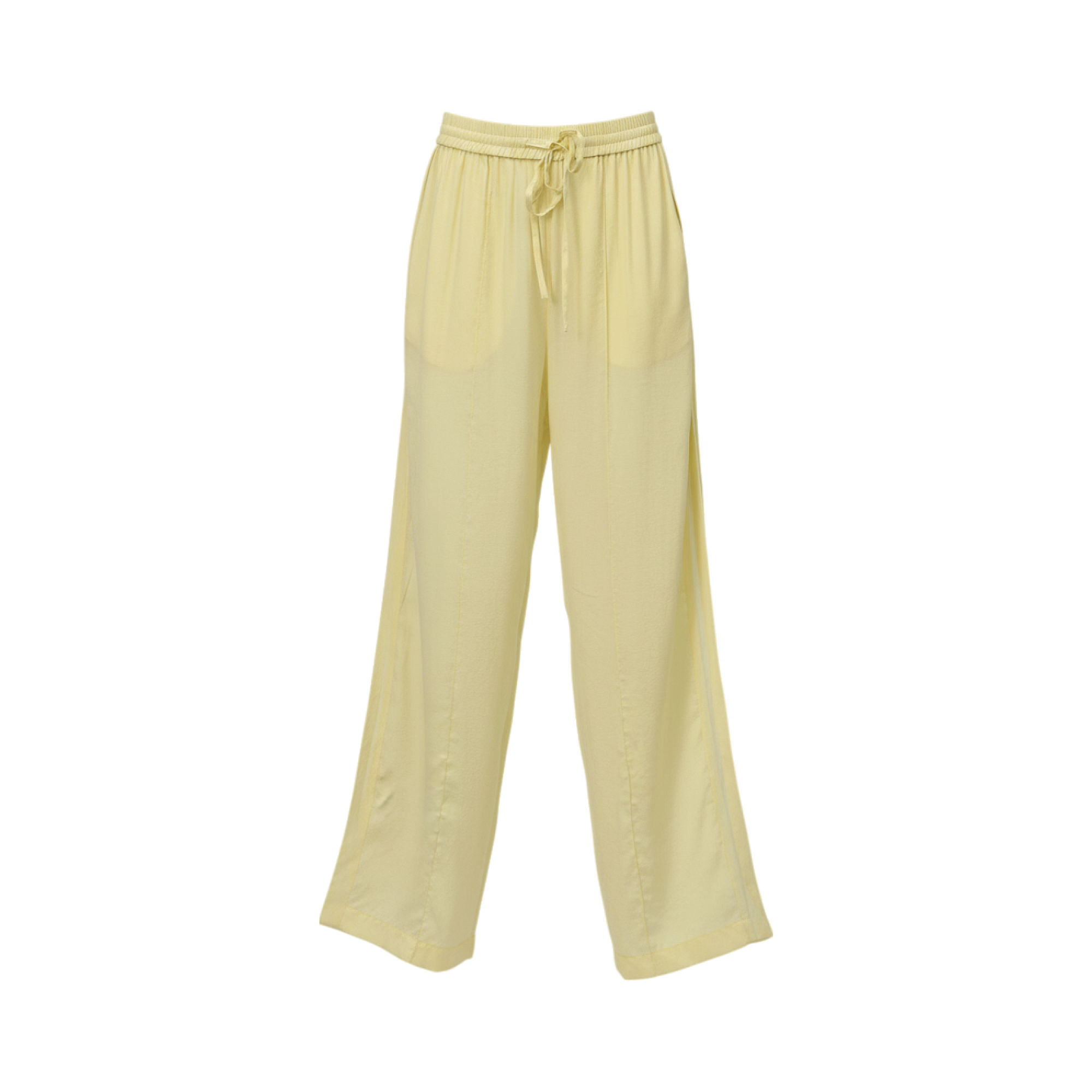 Pale yellow wide-leg trousers with an elasticated drawstring waistband, two side pockets, and vertical front leg seams.