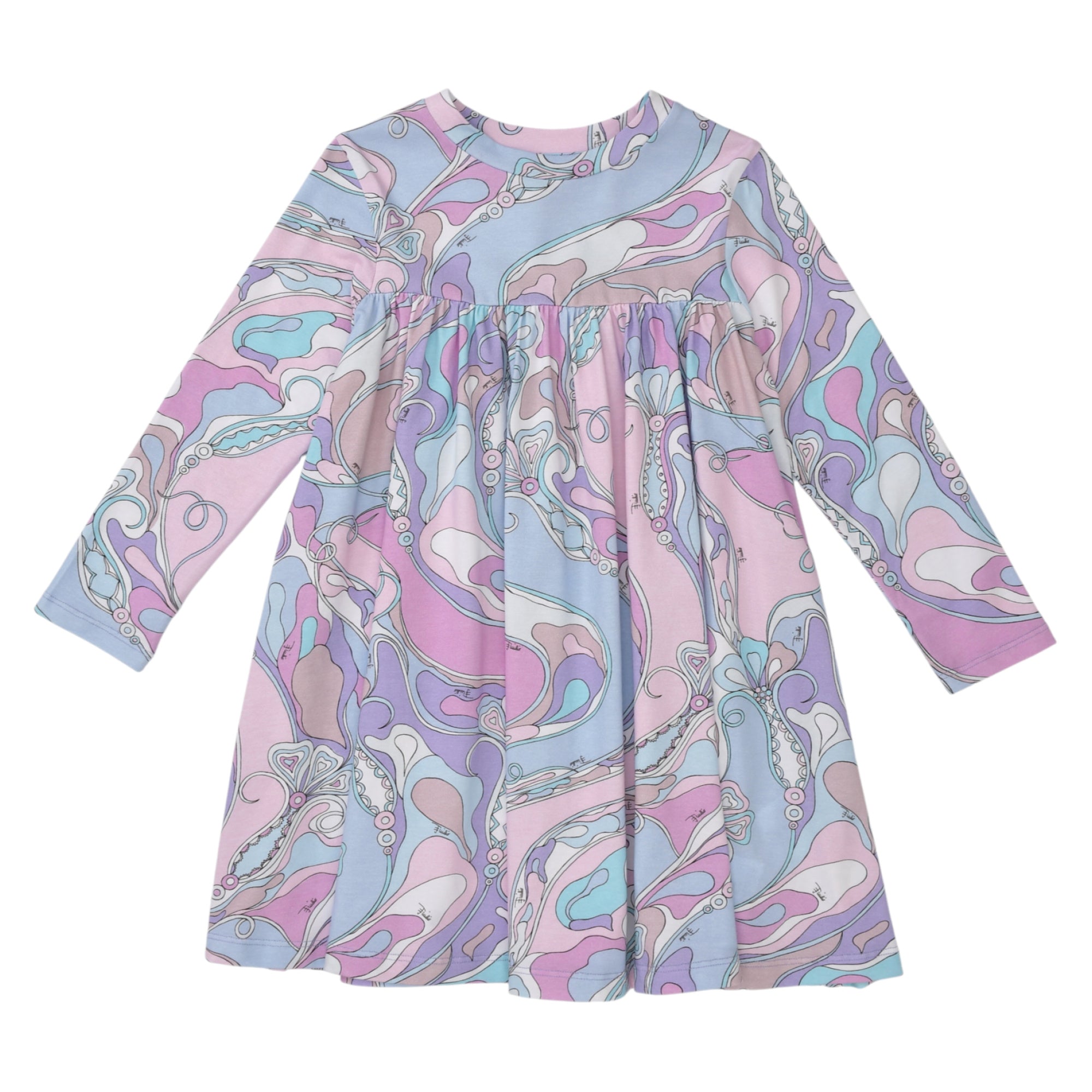 Emilio Pucci Kids long-sleeved dress in blue, pink, and purple abstract swirl pattern with a gathered waist.