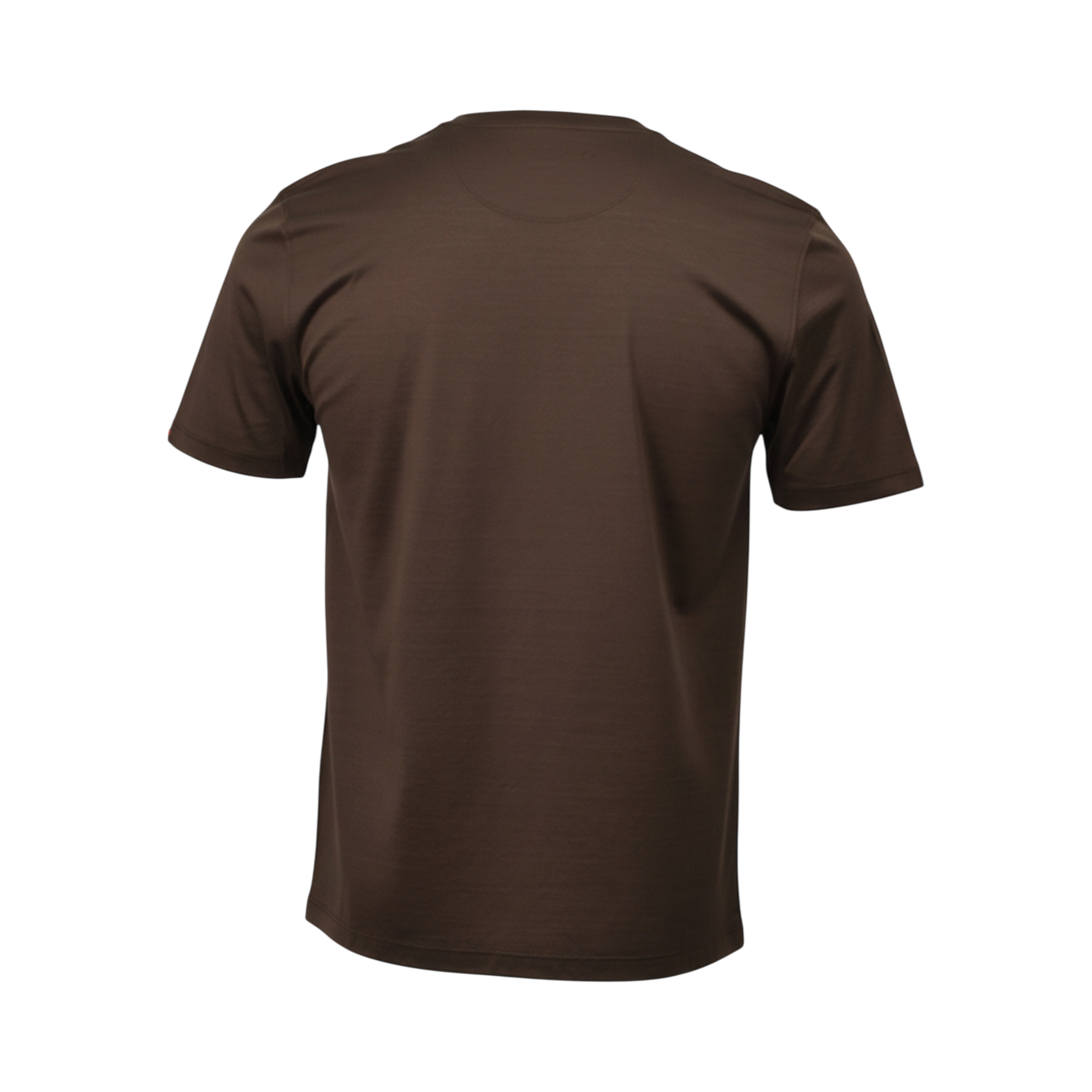 Dark brown short-sleeved t-shirt with a crew neck, made of plain knit fabric, featuring a circular stitched detail on the upp