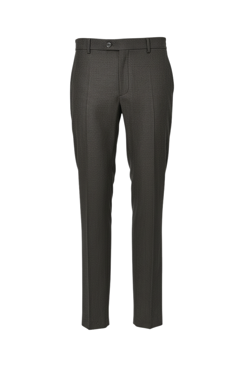 Dark grey tailored men's trousers with a subtle micro-check pattern, flat front, belt loops, and pressed leg creases.