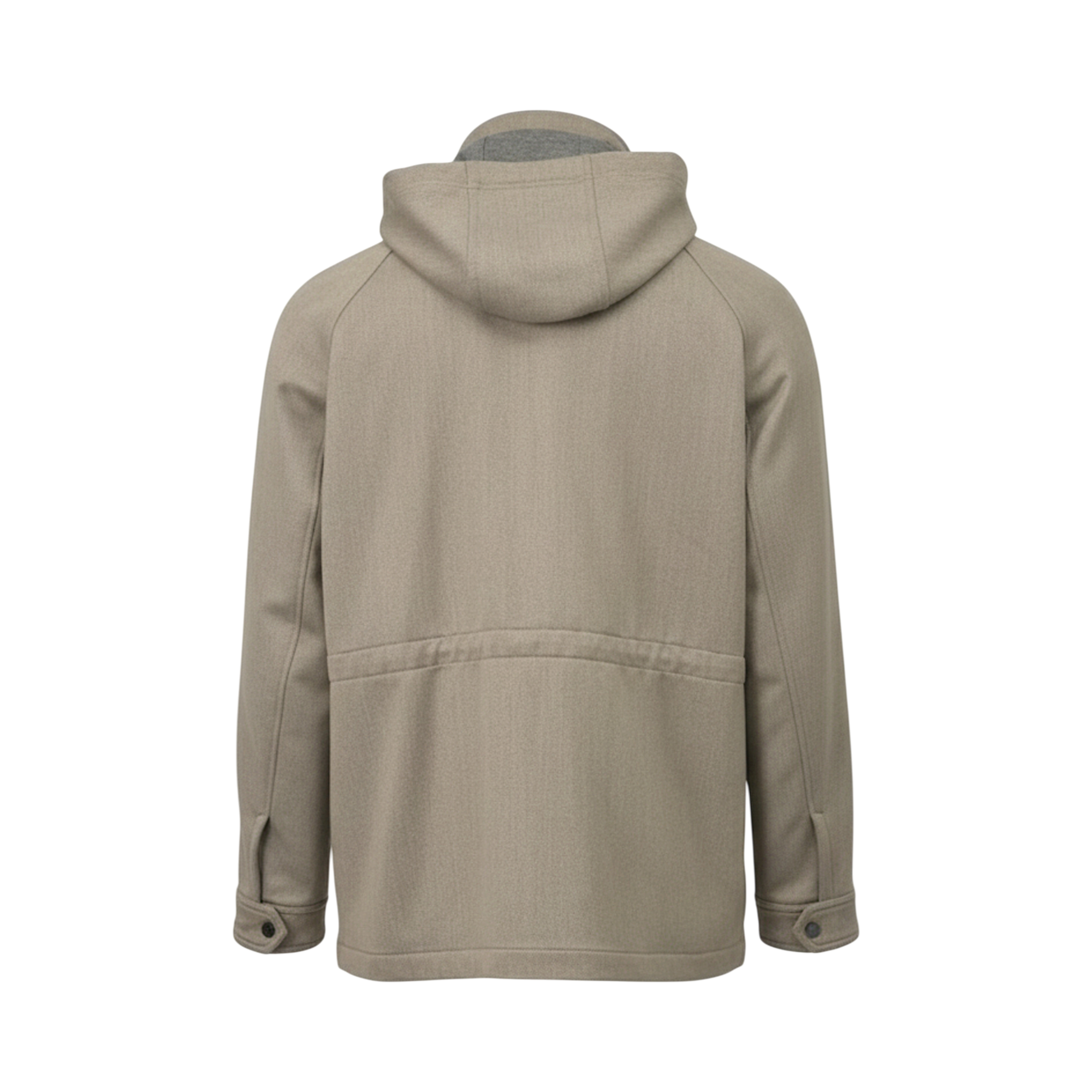 Beige hooded sport jacket, back view. Features a subtle herringbone texture, grey hood lining, drawstring channel at lower ba