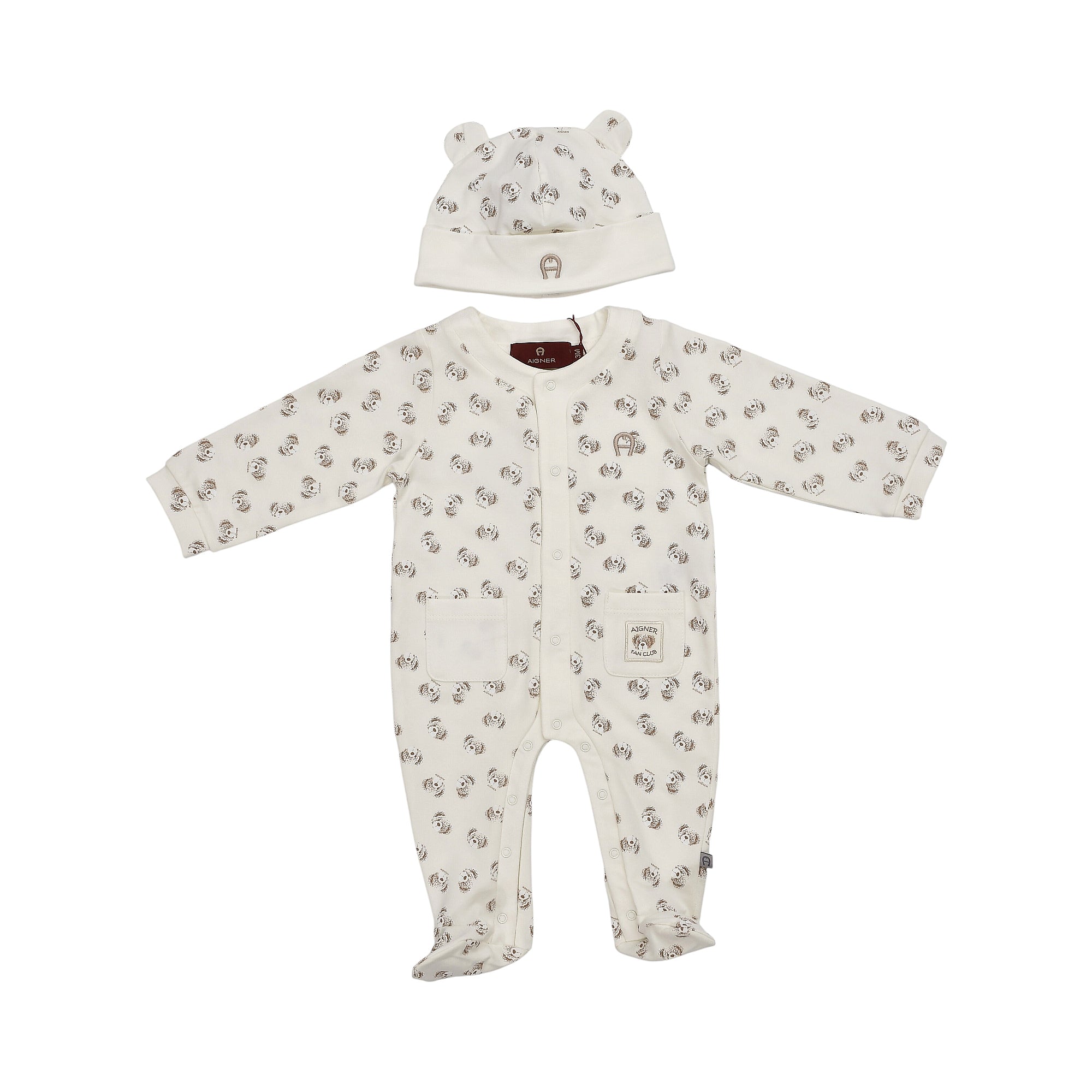 Beige infant sleepsuit with brown all-over logo print and matching beanie hat with ear details and embroidered logo.