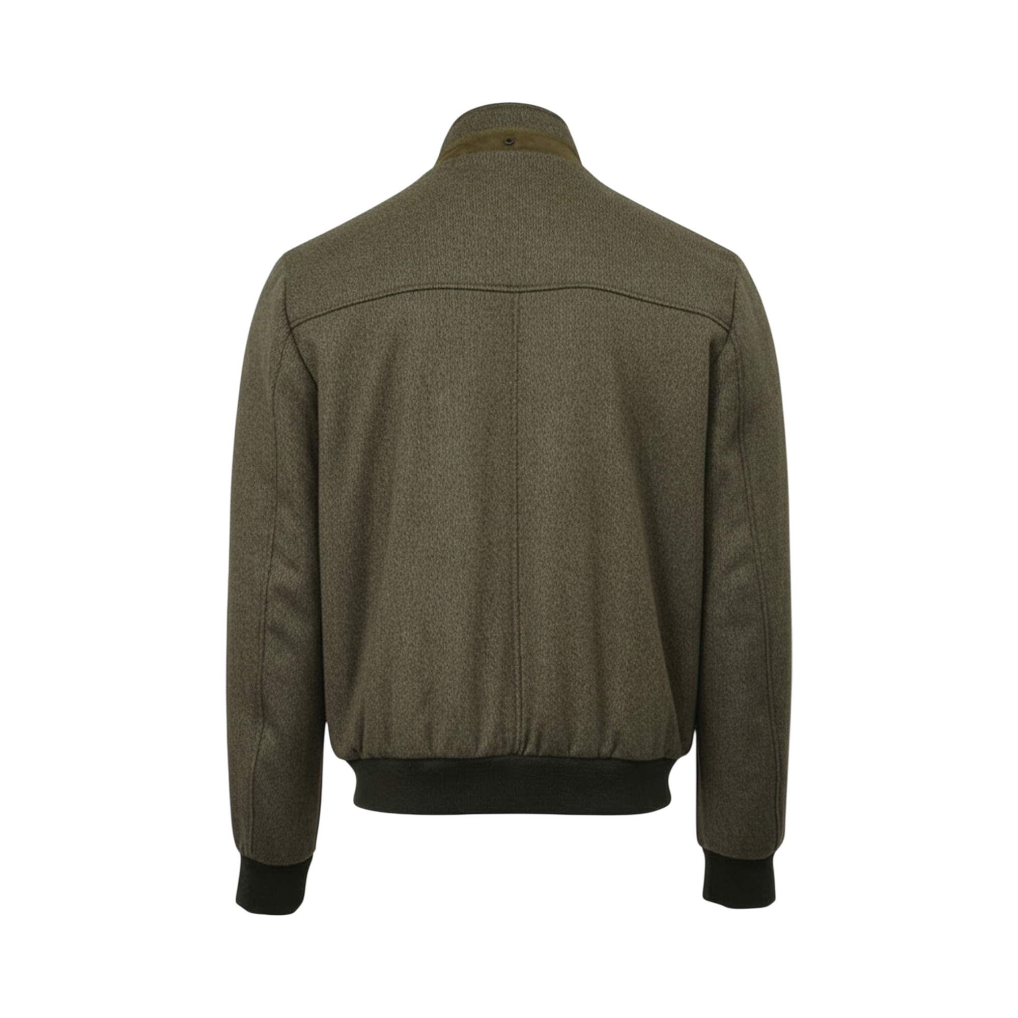 Dark green textured sport jacket, back view. Features a stand collar with olive trim, ribbed cuffs, and hem.