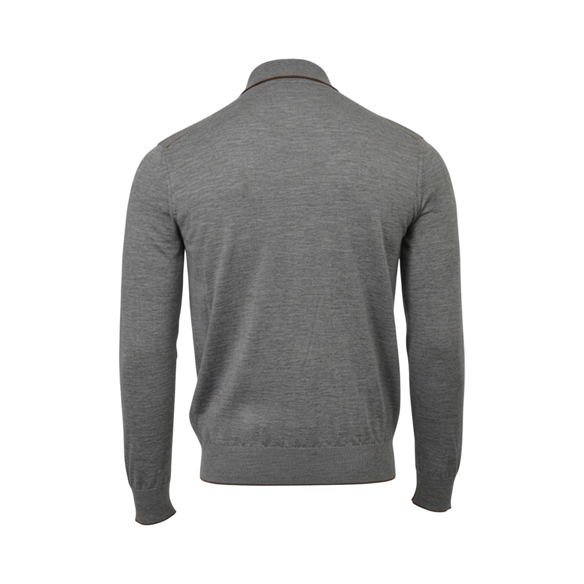 Grey long-sleeved polo sweater with ribbed cuffs and hem, and a brown trim visible at the back of the collar.