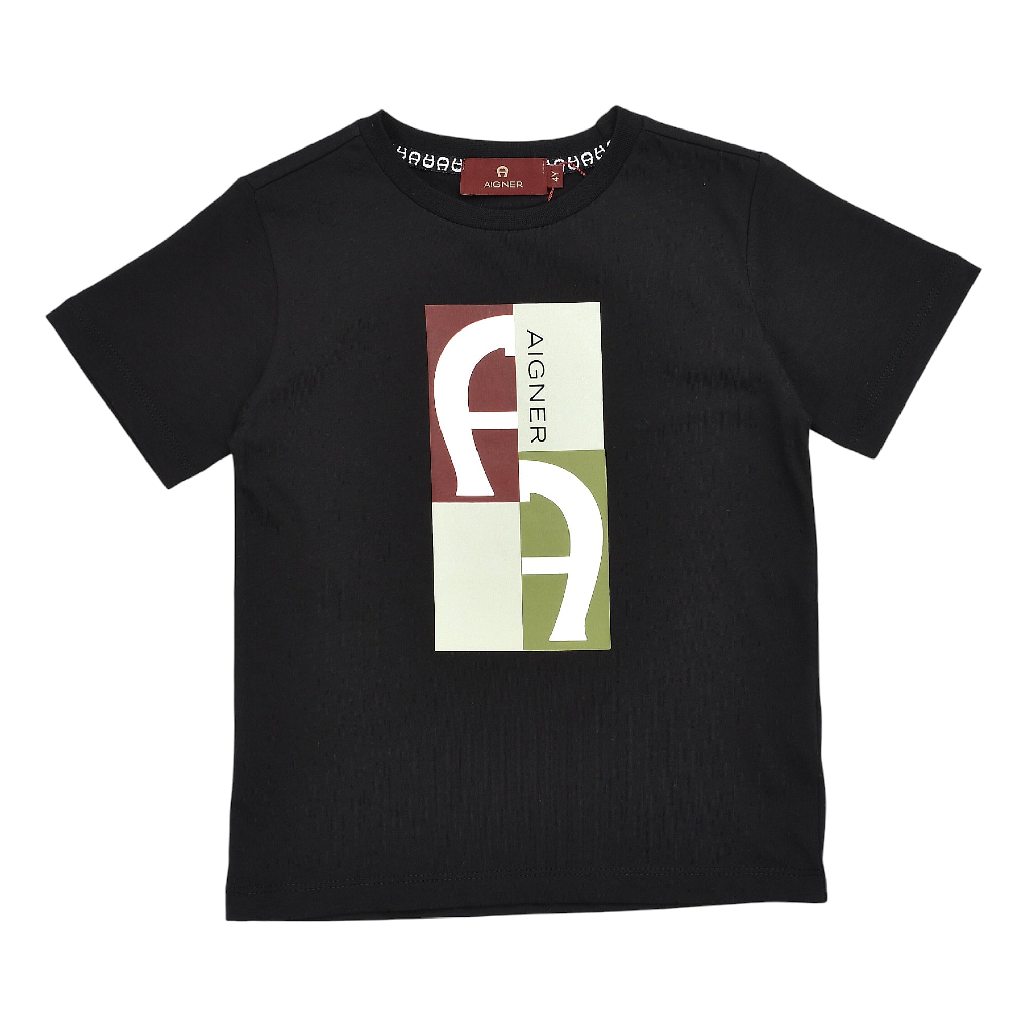 Black short-sleeved T-shirt with a rectangular graphic featuring two white stylised 'A's on dark red and light green panels,
